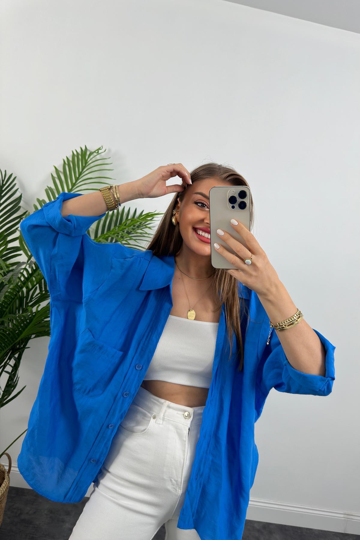 Lüx Kalite Basic Salaş Tensel Gömlek Mavi 