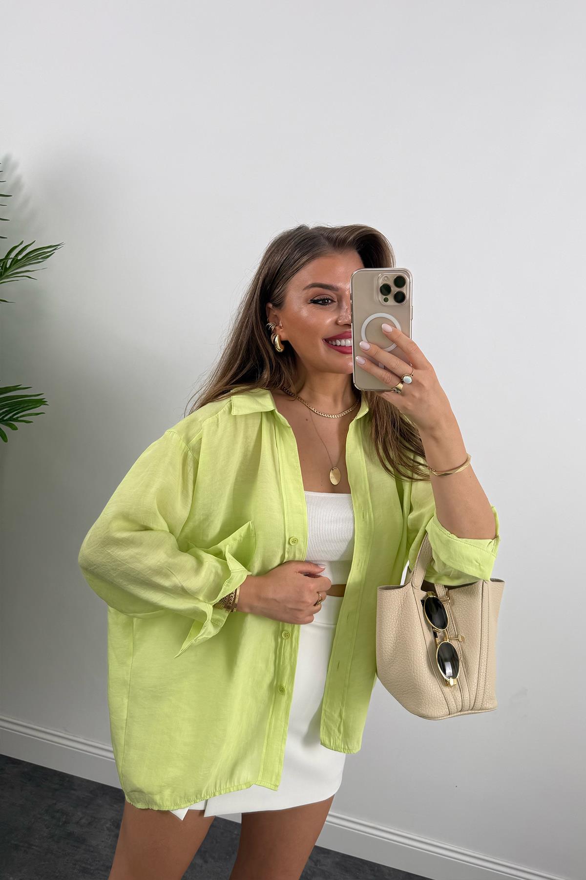 Lüx Kalite Basic Salaş Tensel Gömlek Neon Yeşil 