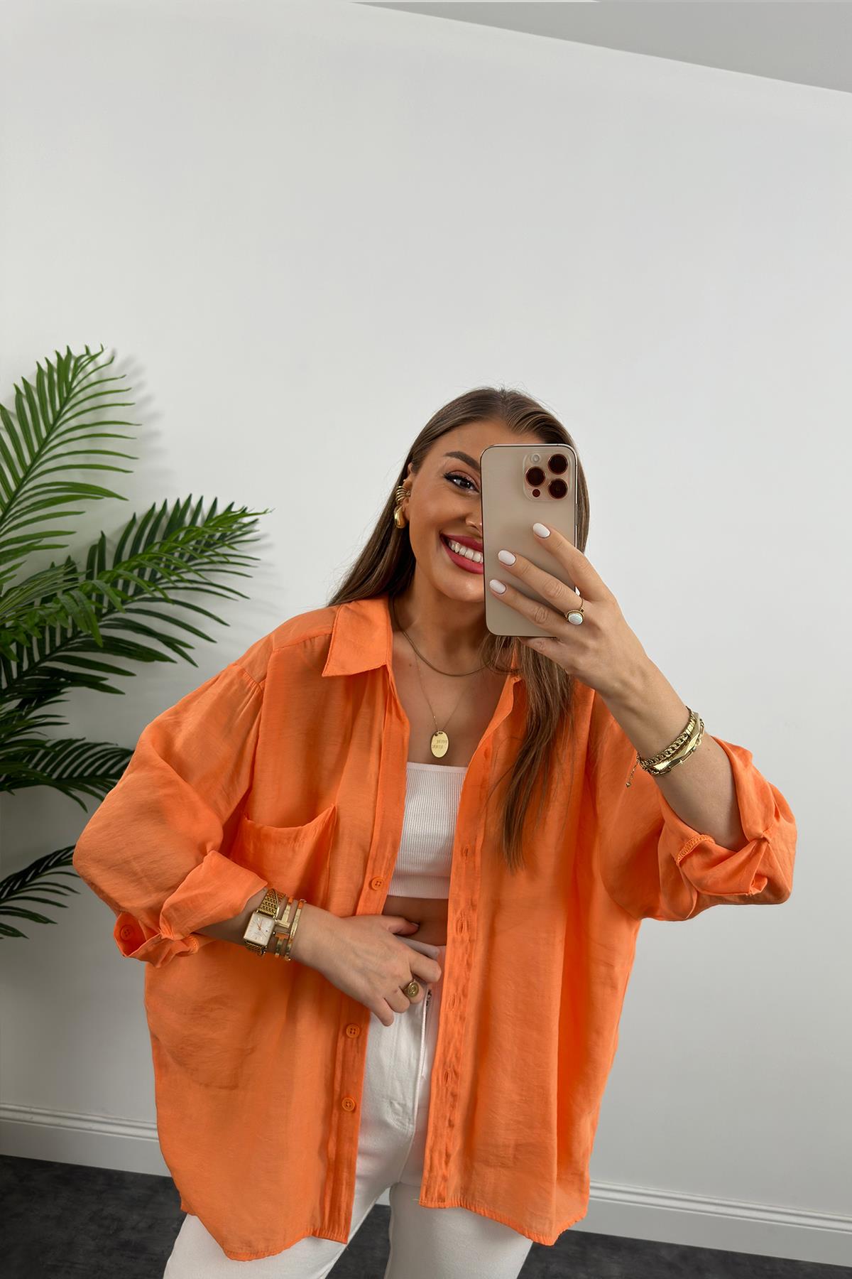 Lüx Kalite Basic Salaş Tensel Gömlek Oranj