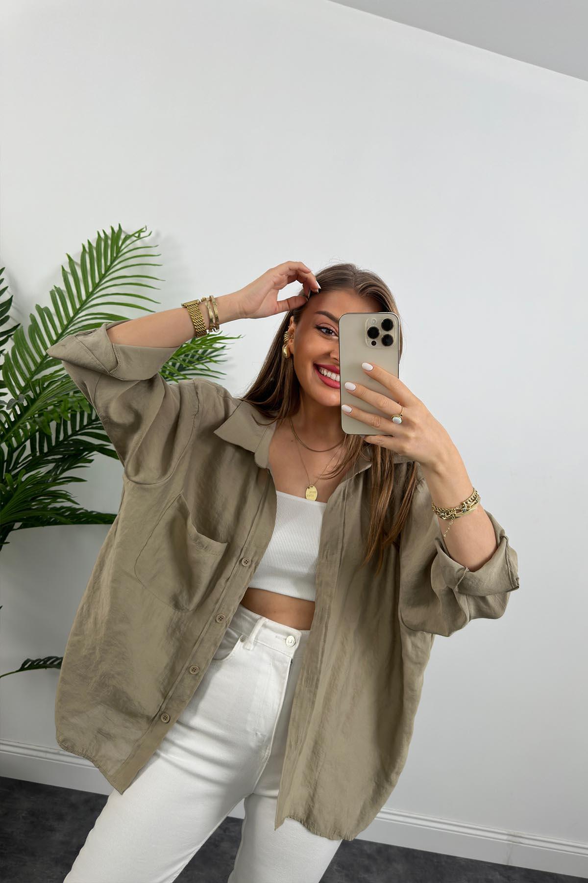 Lüx Kalite Basic Salaş Tensel Gömlek Olive