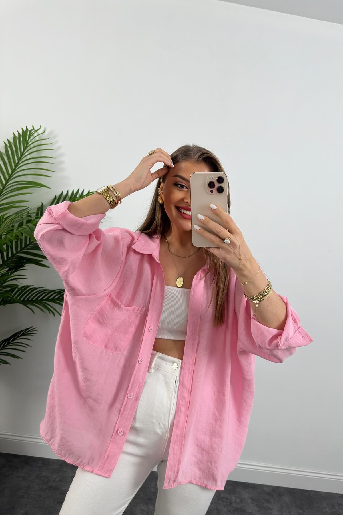 Lüx Kalite Basic Salaş Tensel Gömlek Pamuk Şekeri