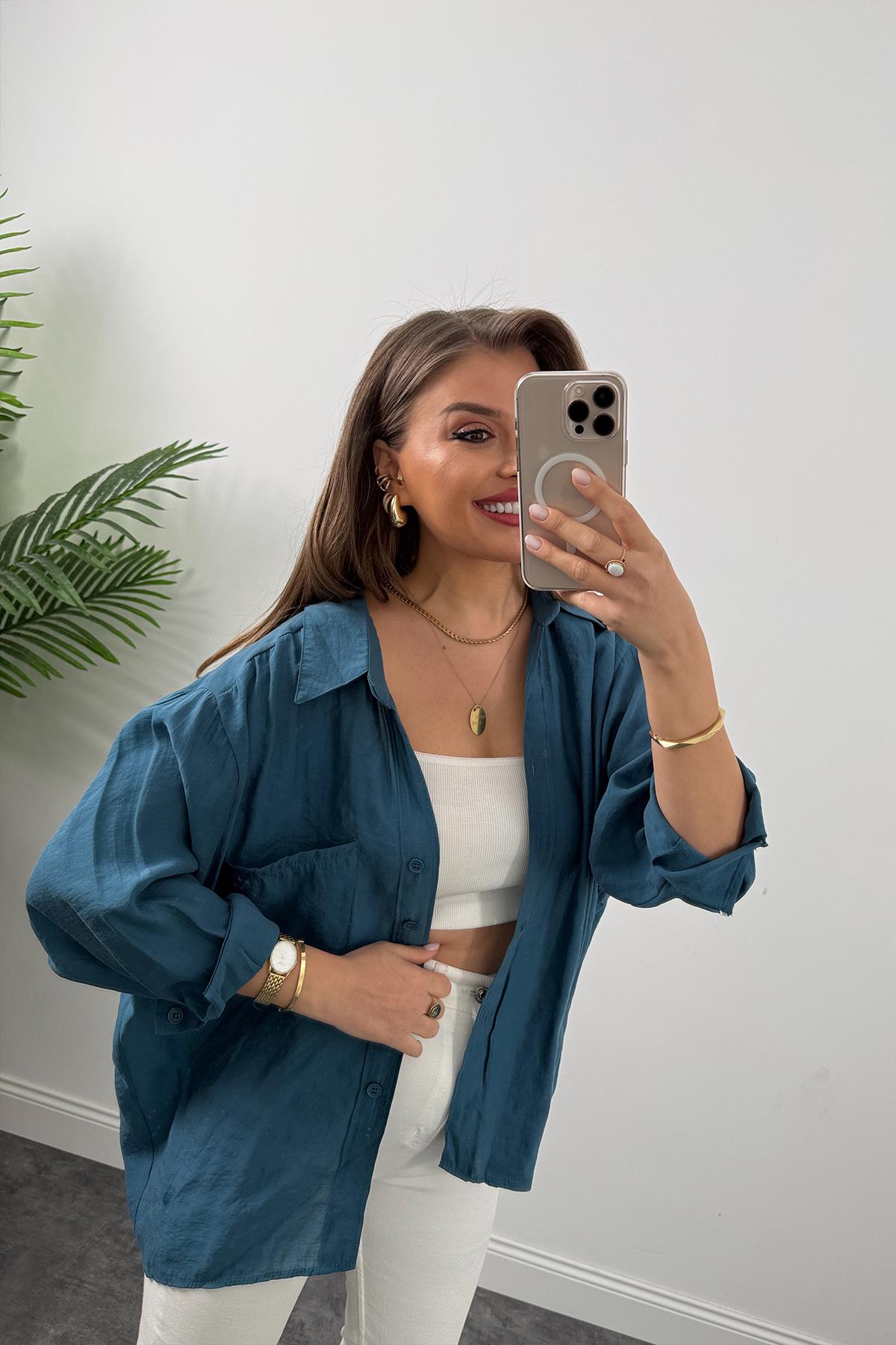 Lüx Kalite Basic Salaş Tensel Gömlek Petrol