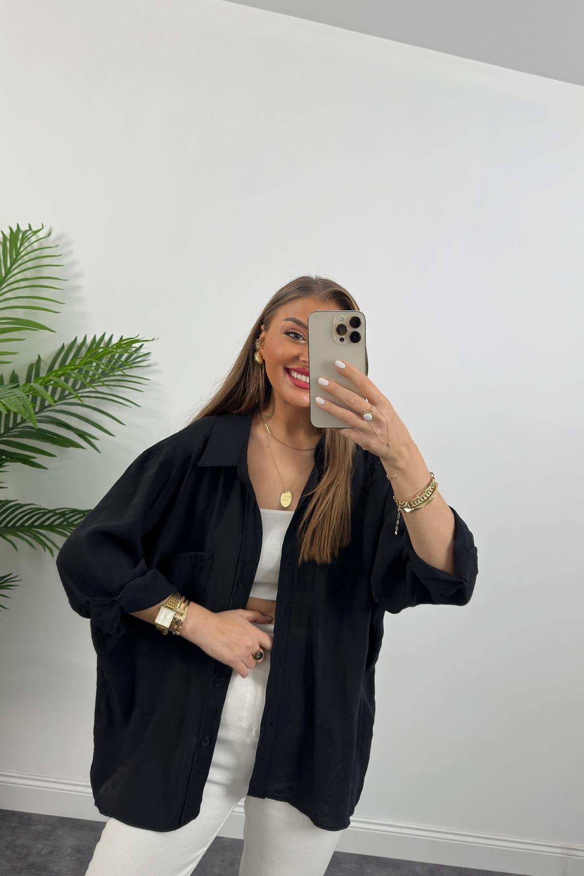 Lüx Kalite Basic Salaş Tensel Gömlek Siyah