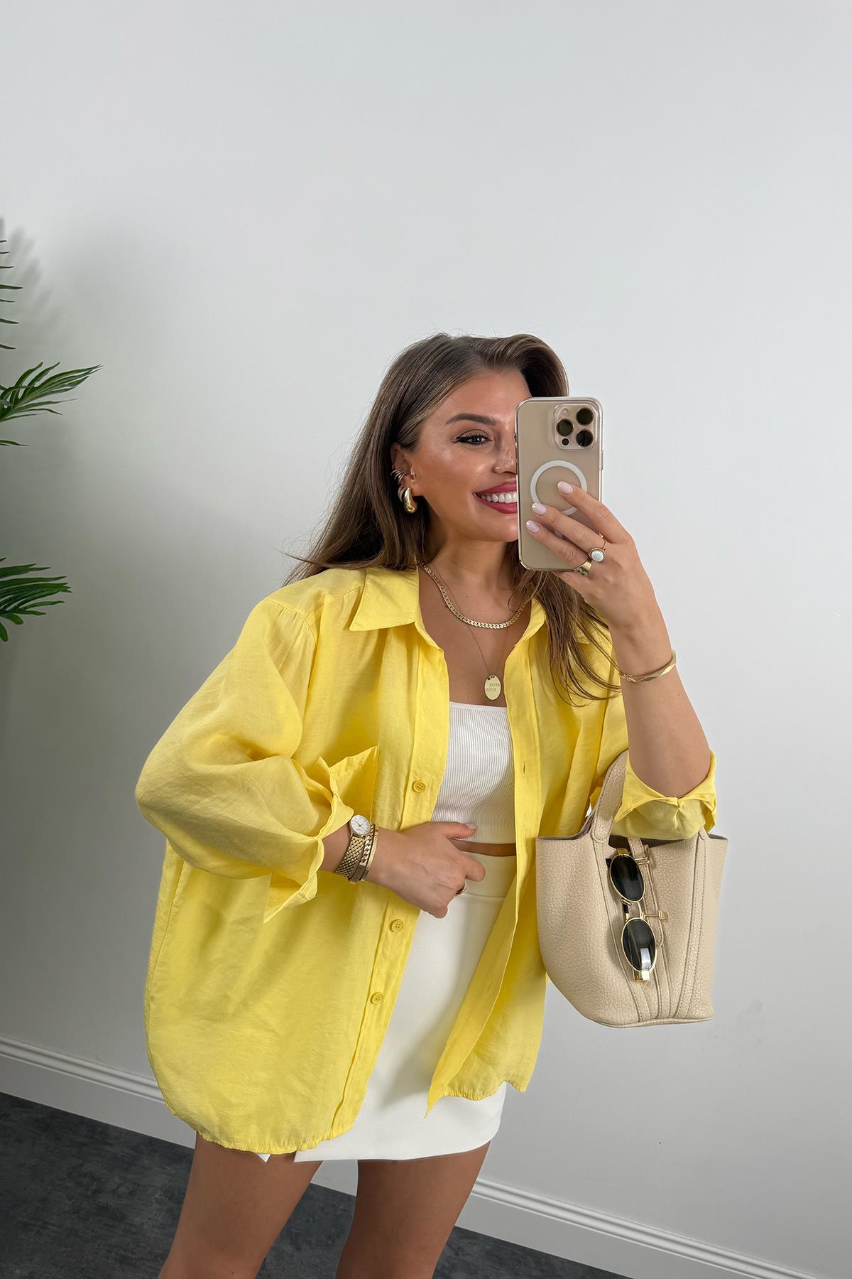 Lüx Kalite Basic Salaş Tensel Gömlek Sarı