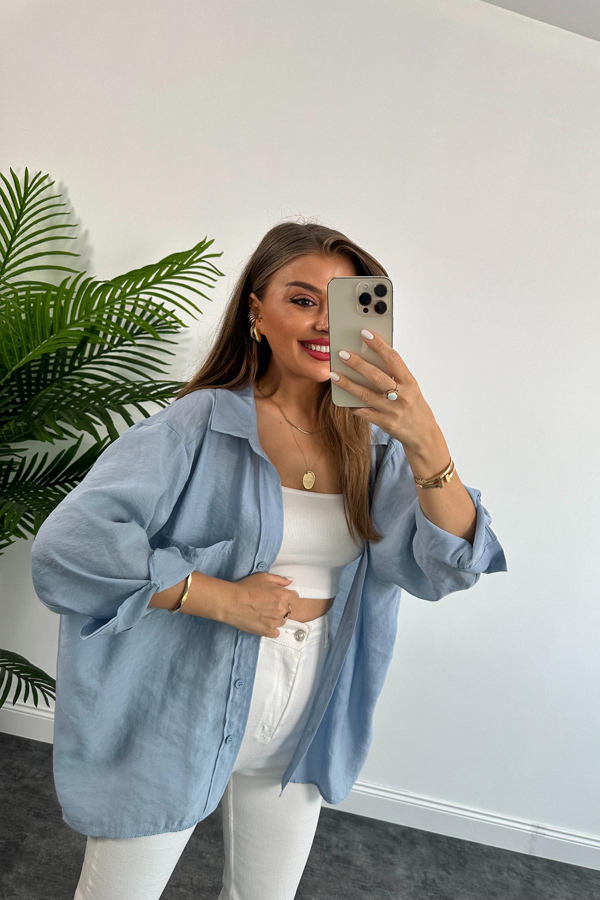 Lüx Kalite Basic Salaş Tensel Gömlek Tatlı Mavi