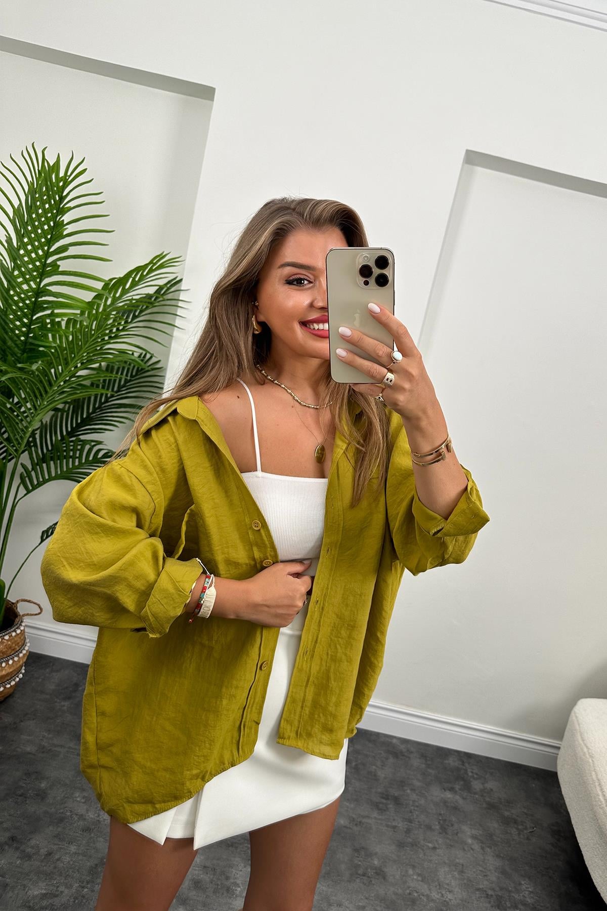 Lüx Kalite Basic Salaş Tensel Gömlek Yağ Yeşili