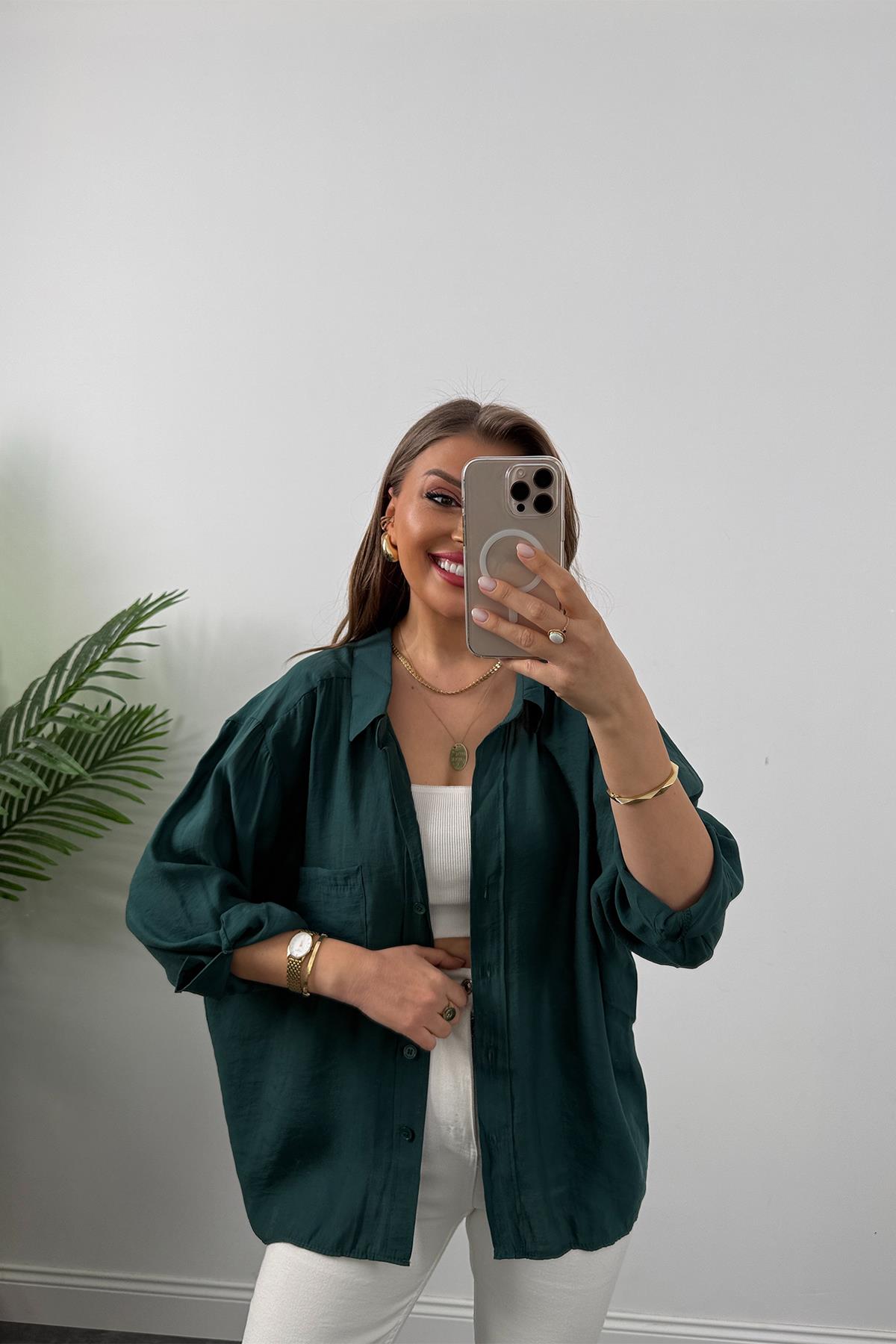 Lüx Kalite Basic Salaş Tensel Gömlek Zümrüt 