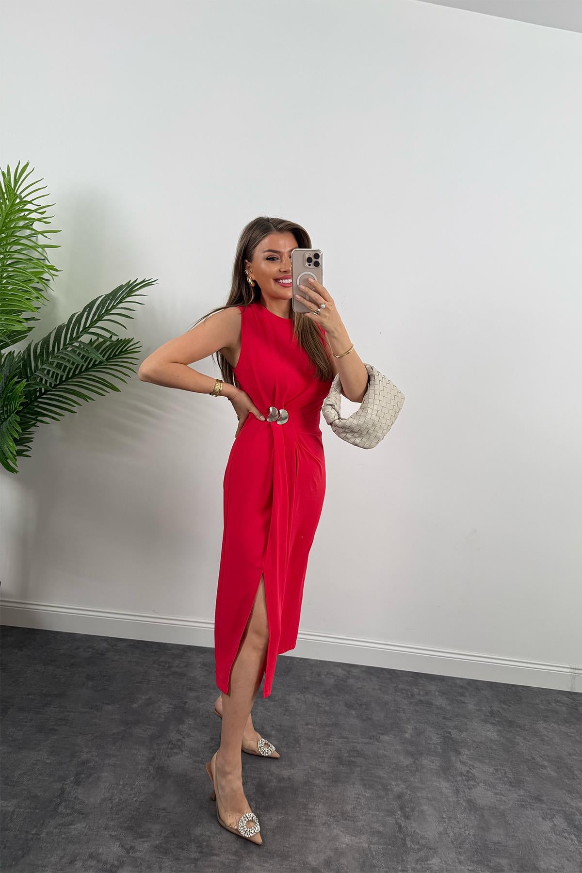 Lüx Kalite Bel Detaylı Drapeli Midi Boy Kalem Elbise Kırmızı