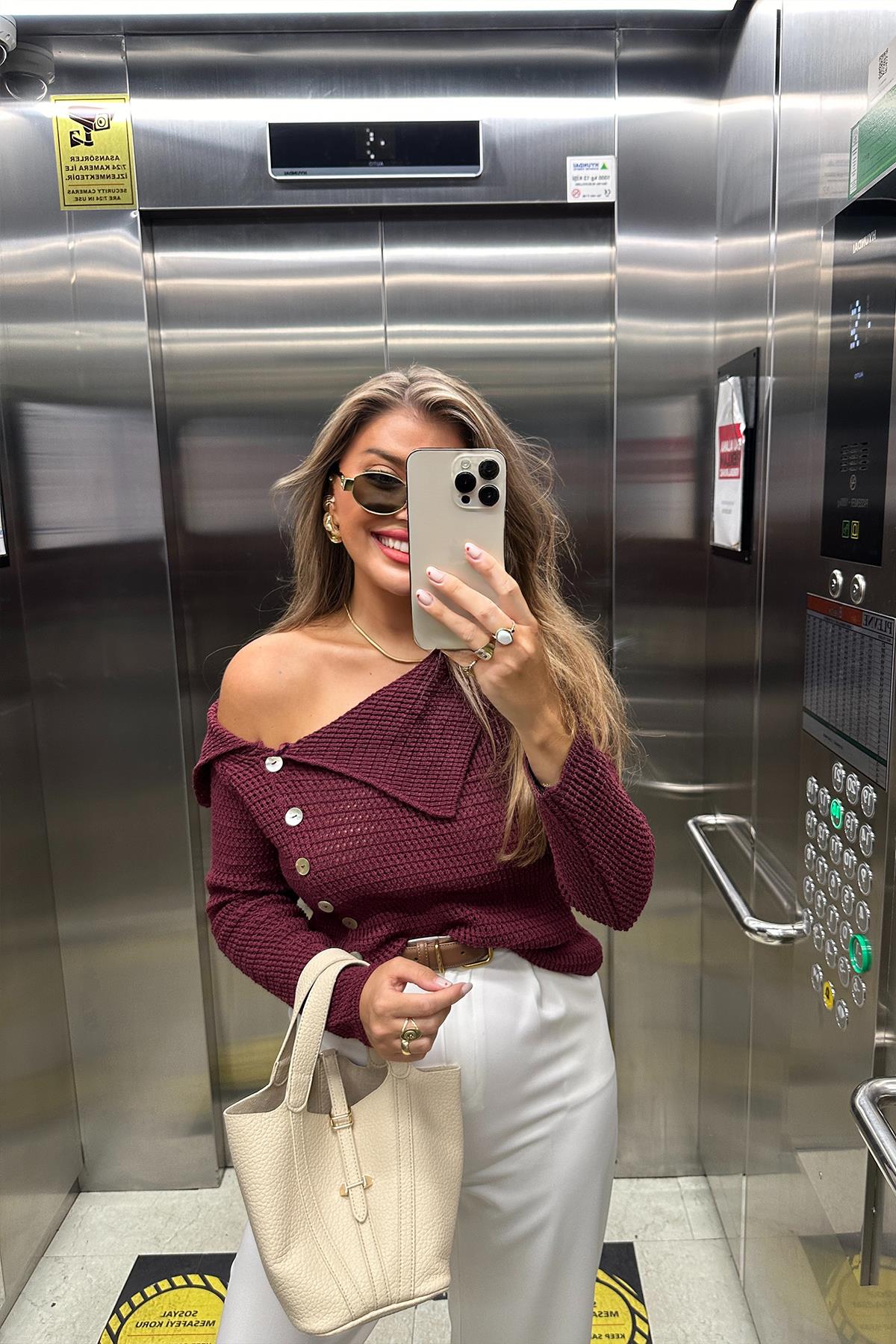 Lüx Kalite Devrik Yaka Düğmeli Pinterest Triko Bordo