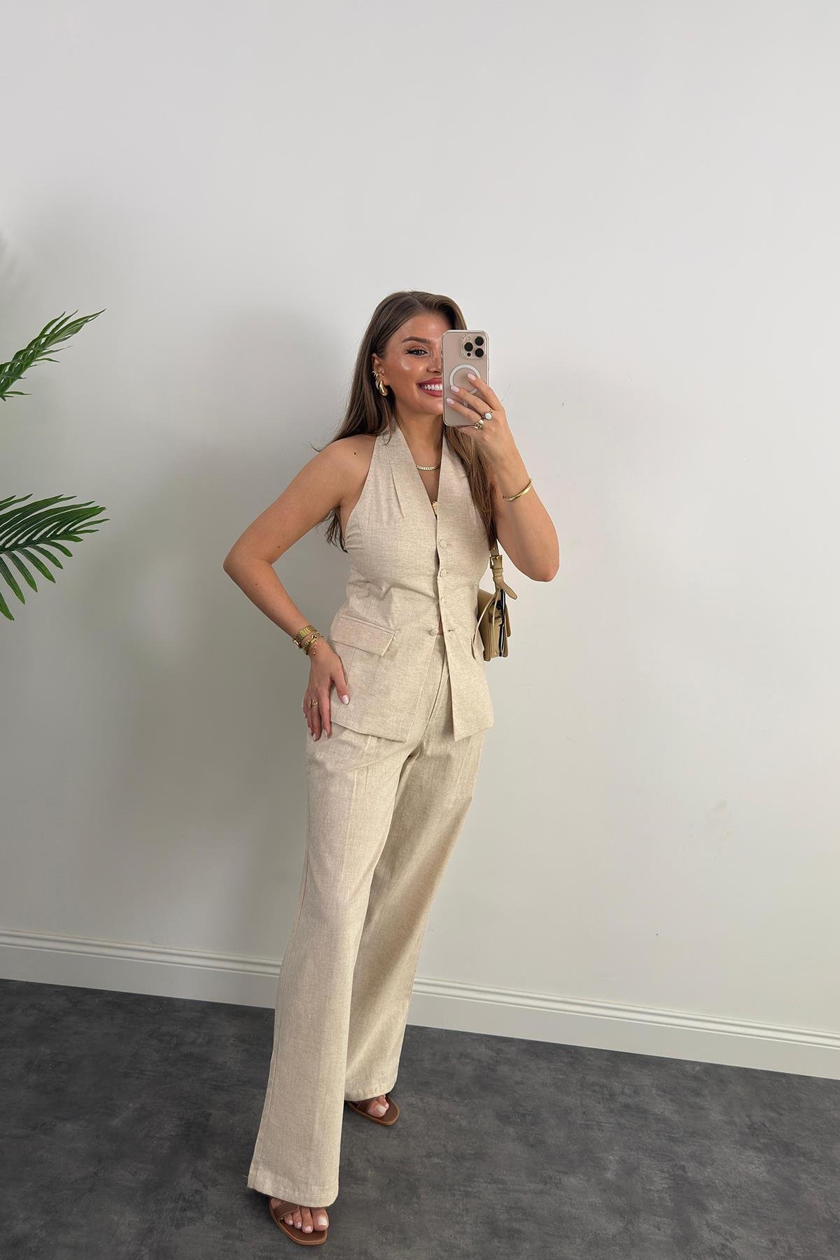 Lüx Kalite Ham Keten Boyundan Geçmeli Yelek Palazzo Takım Naturel Taş