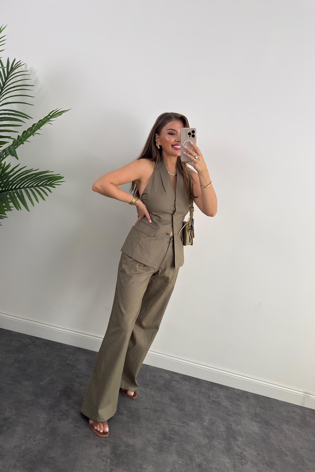 Lüx Kalite Ham Keten Boyundan Geçmeli Yelek Palazzo Takım Haki