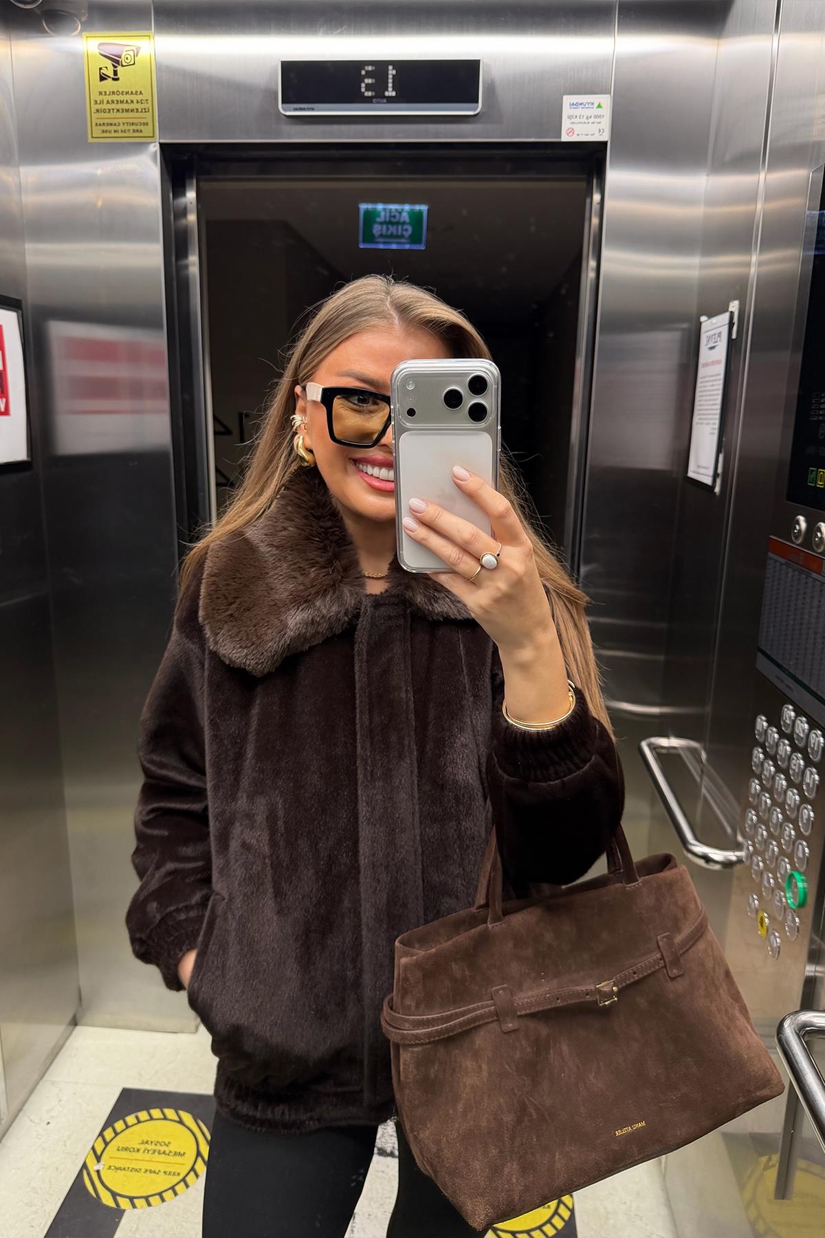 Lüx Kalite İthal Kumaş Kürk Mont Acı Kahve