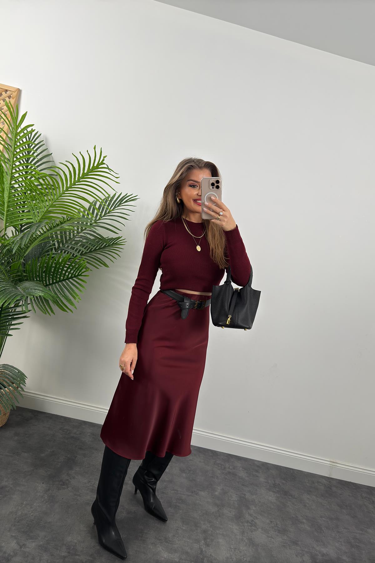 Lüx Kalite Kalın Kumaş Midi Boy Saten Etek Bordo