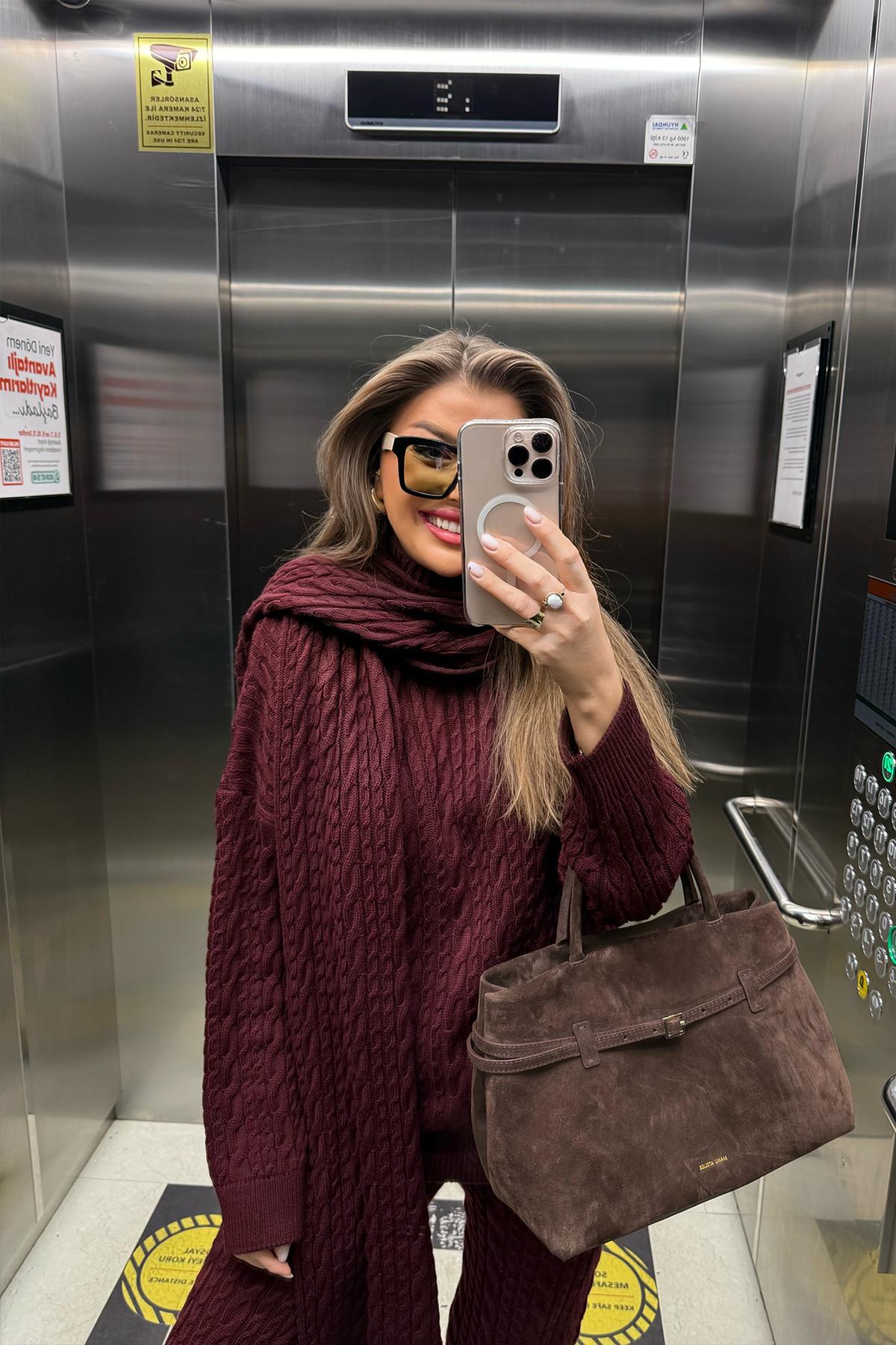 Lüx Kalite Kaşkollu 3 Parçalı Triko Takım Bordo