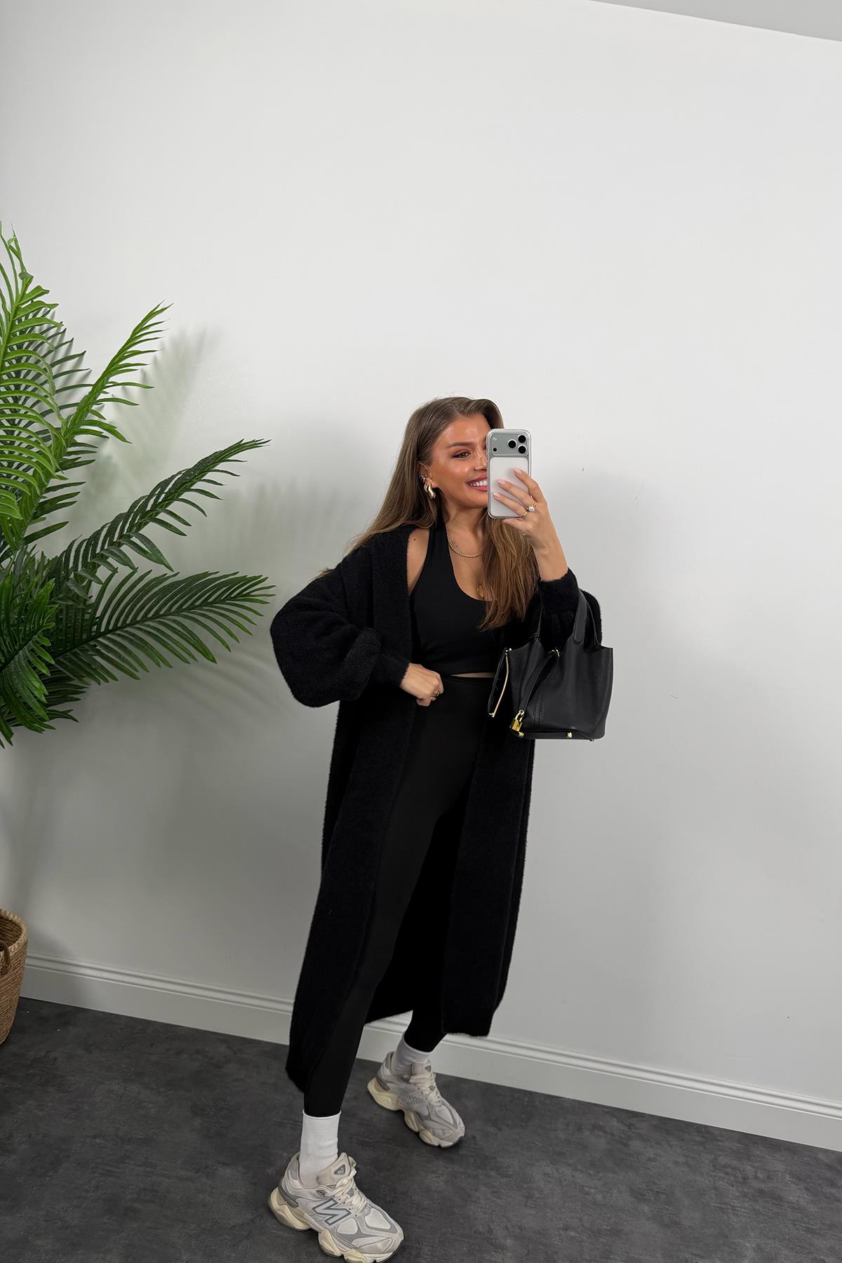 Lüx Kalite Kaşmir Dokulu Maxi Yumoş Hırka Siyah