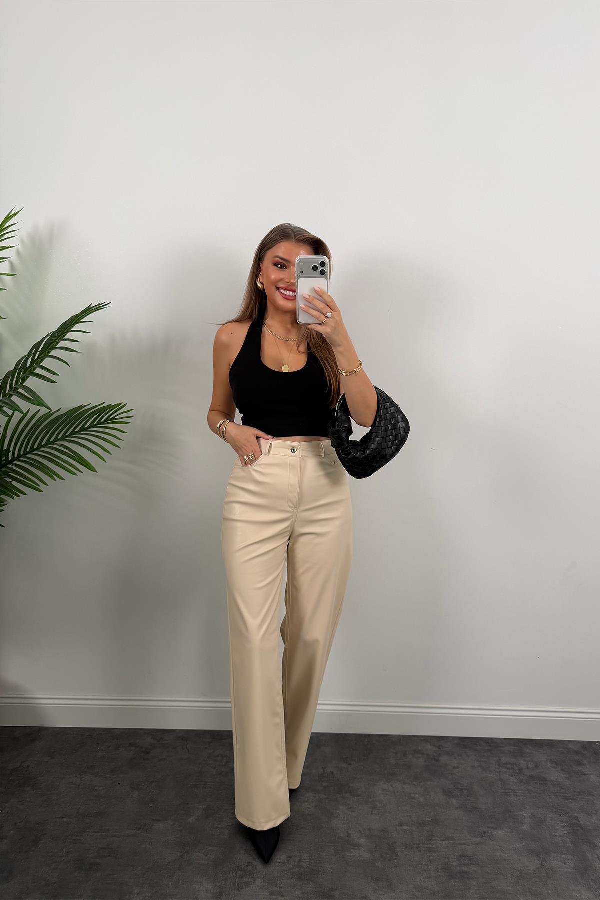 Lüx Kalite Likralı Yumuşak Deri Palazzo Pantolon Taş