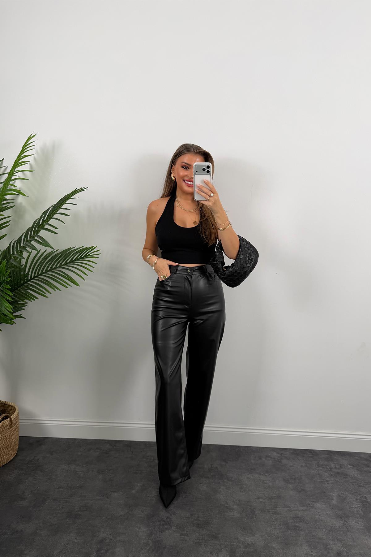 Lüx Kalite Likralı Yumuşak Deri Palazzo Pantolon Siyah