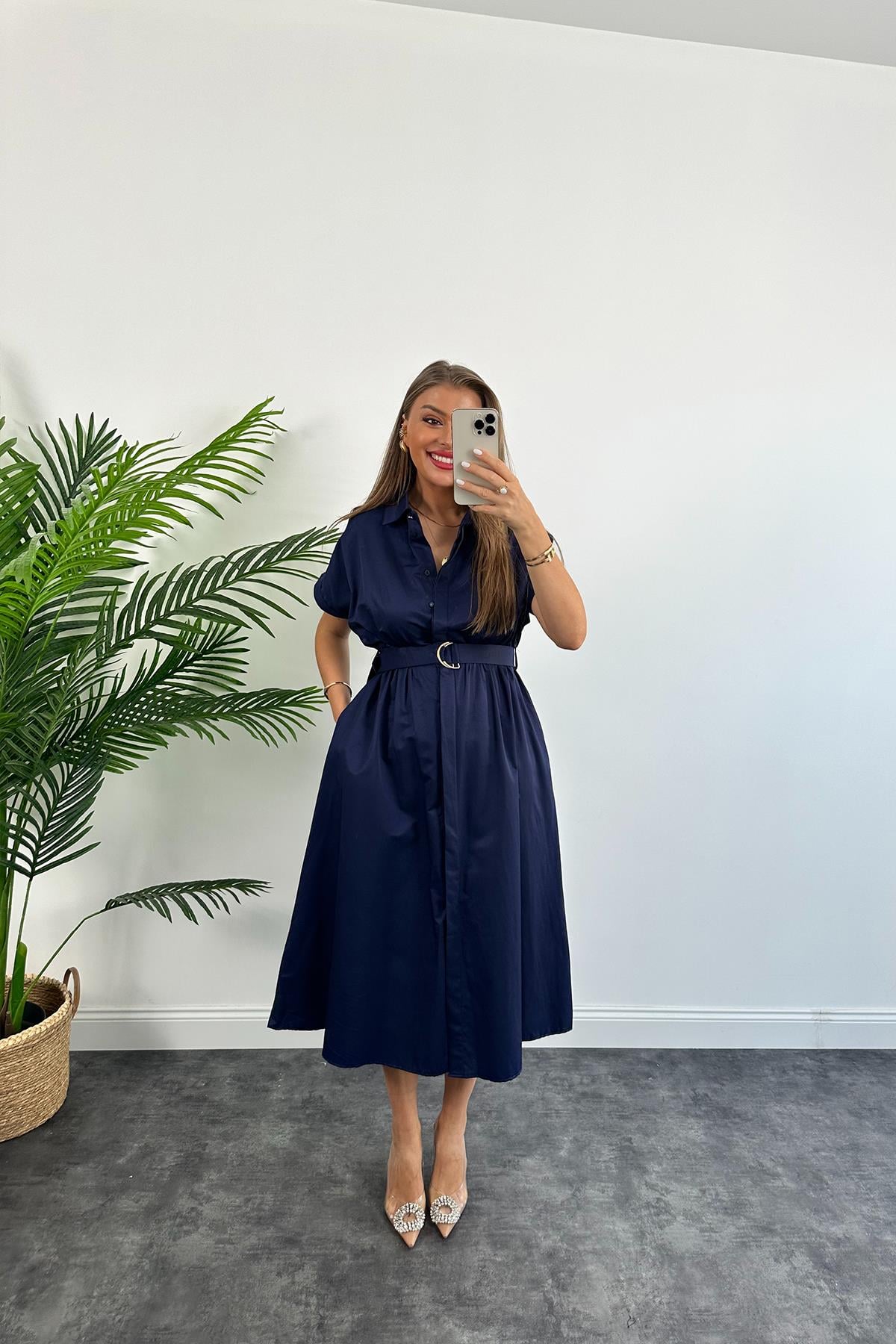 Lüx Kalite Marka Model Kemerli Midi Boy Kısa Kol Elbise Lacivert