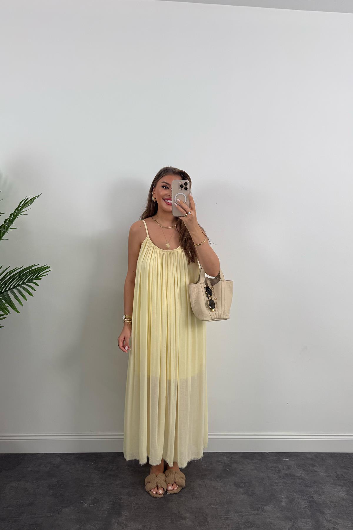 Lüx Kalite Naturel Seri %100 Pamuklu Astarlı Maxi Elbise Sarı
