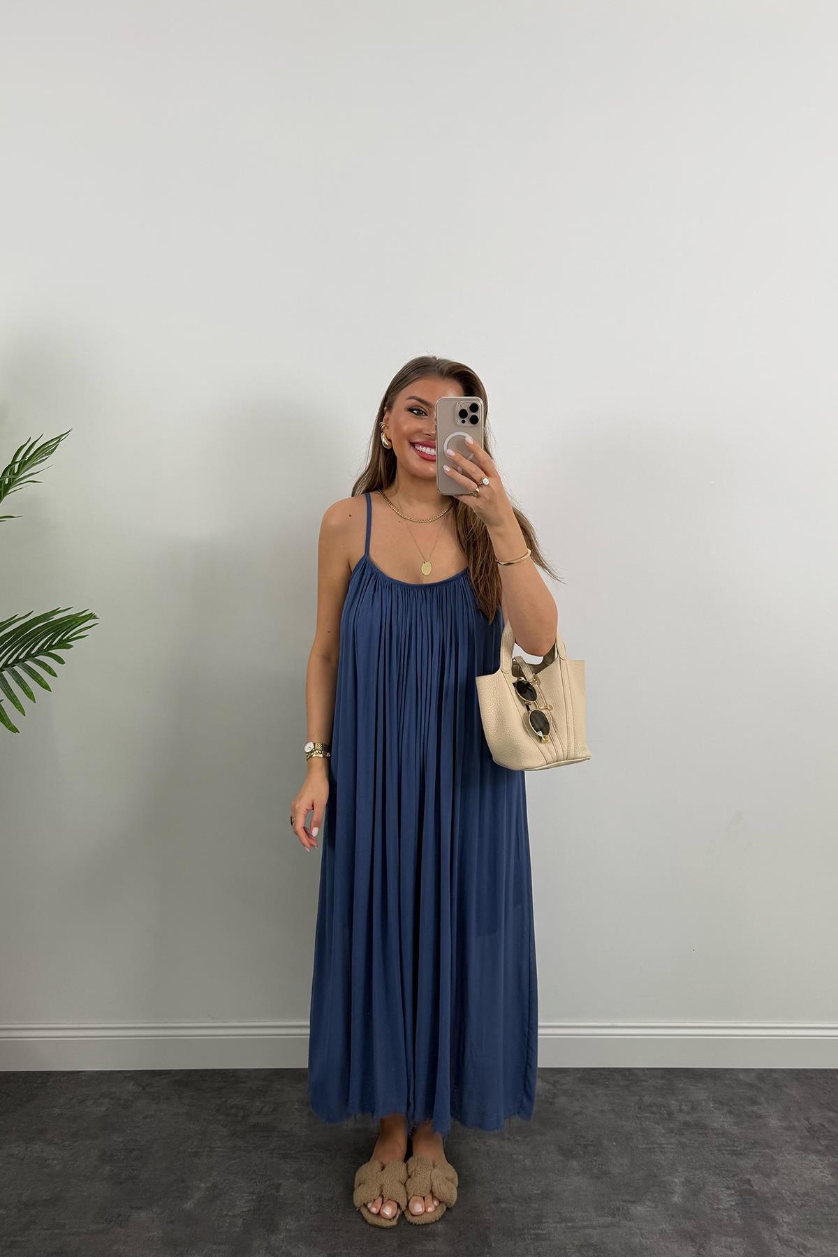 Lüx Kalite Naturel Seri %100 Pamuklu Astarlı Maxi Elbise İndigo