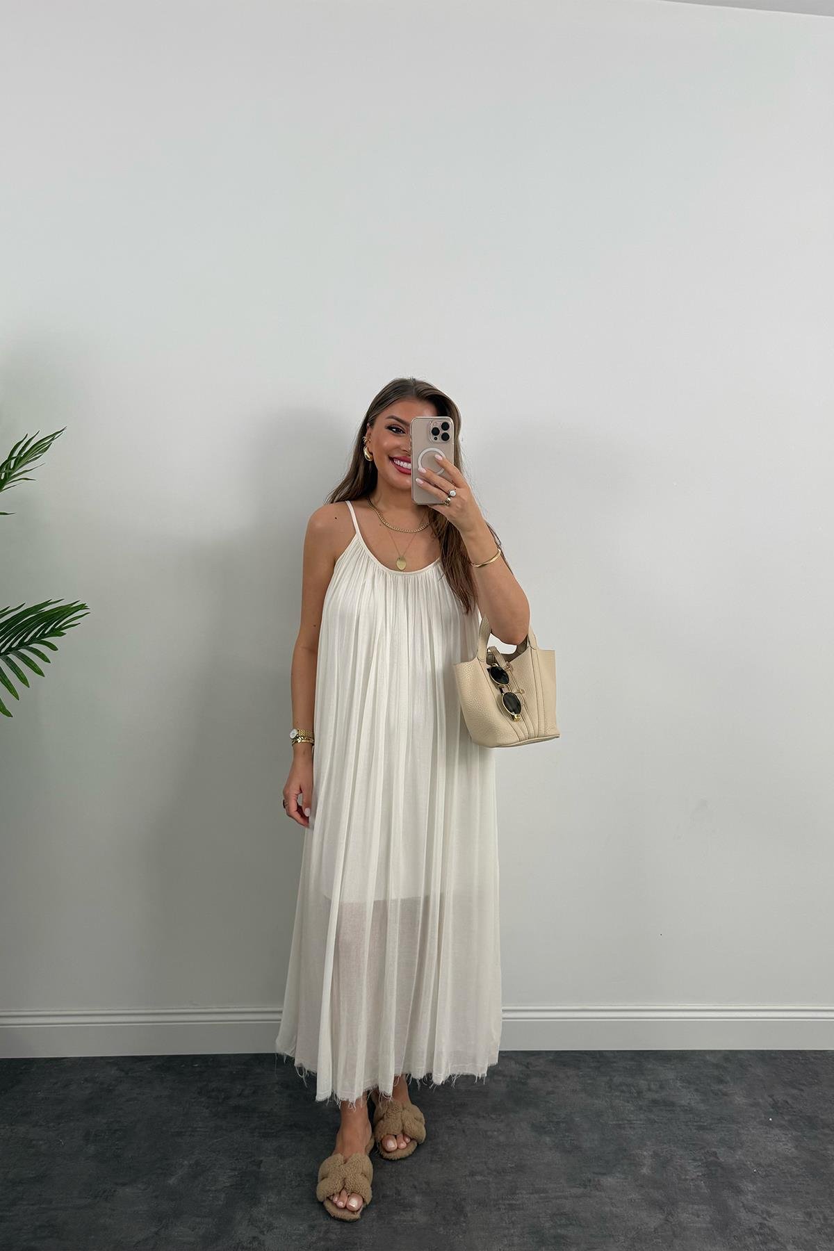 Lüx Kalite Naturel Seri %100 Pamuklu Astarlı Maxi Elbise Ekru 