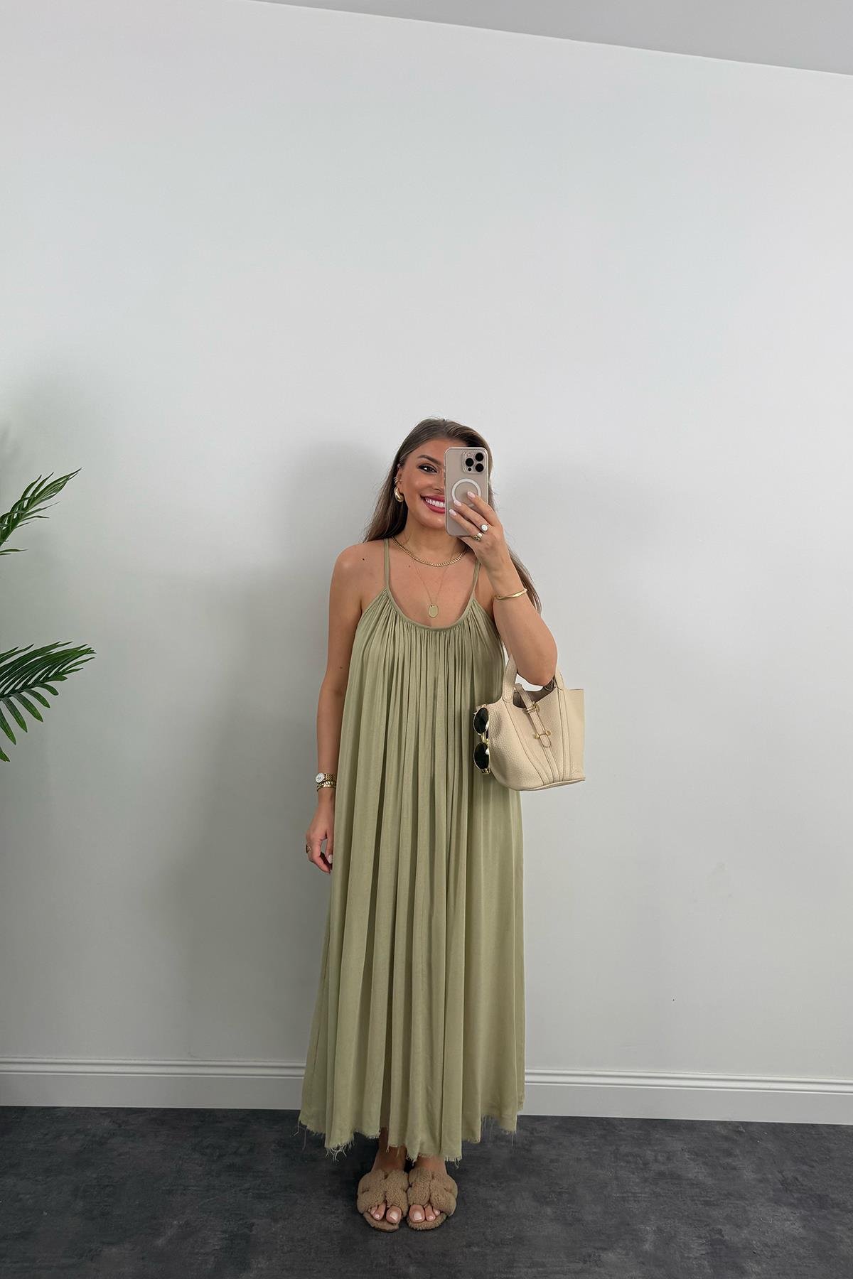 Lüx Kalite Naturel Seri %100 Pamuklu Astarlı Maxi Elbise Haki 