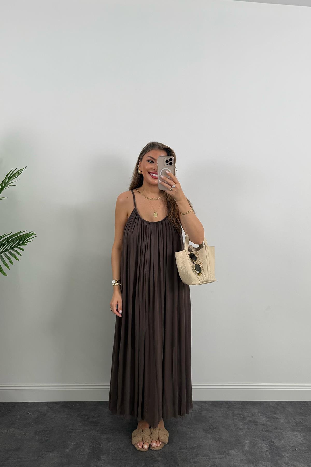 Lüx Kalite Naturel Seri %100 Pamuklu Astarlı Maxi Elbise Kahverengi 