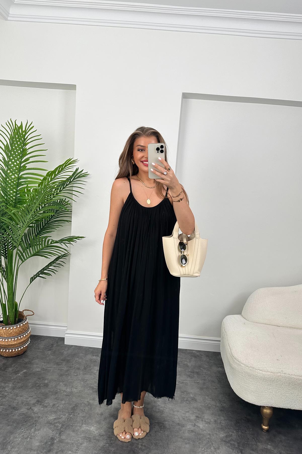 Lüx Kalite Naturel Seri %100 Pamuklu Astarlı Maxi Elbise Siyah 