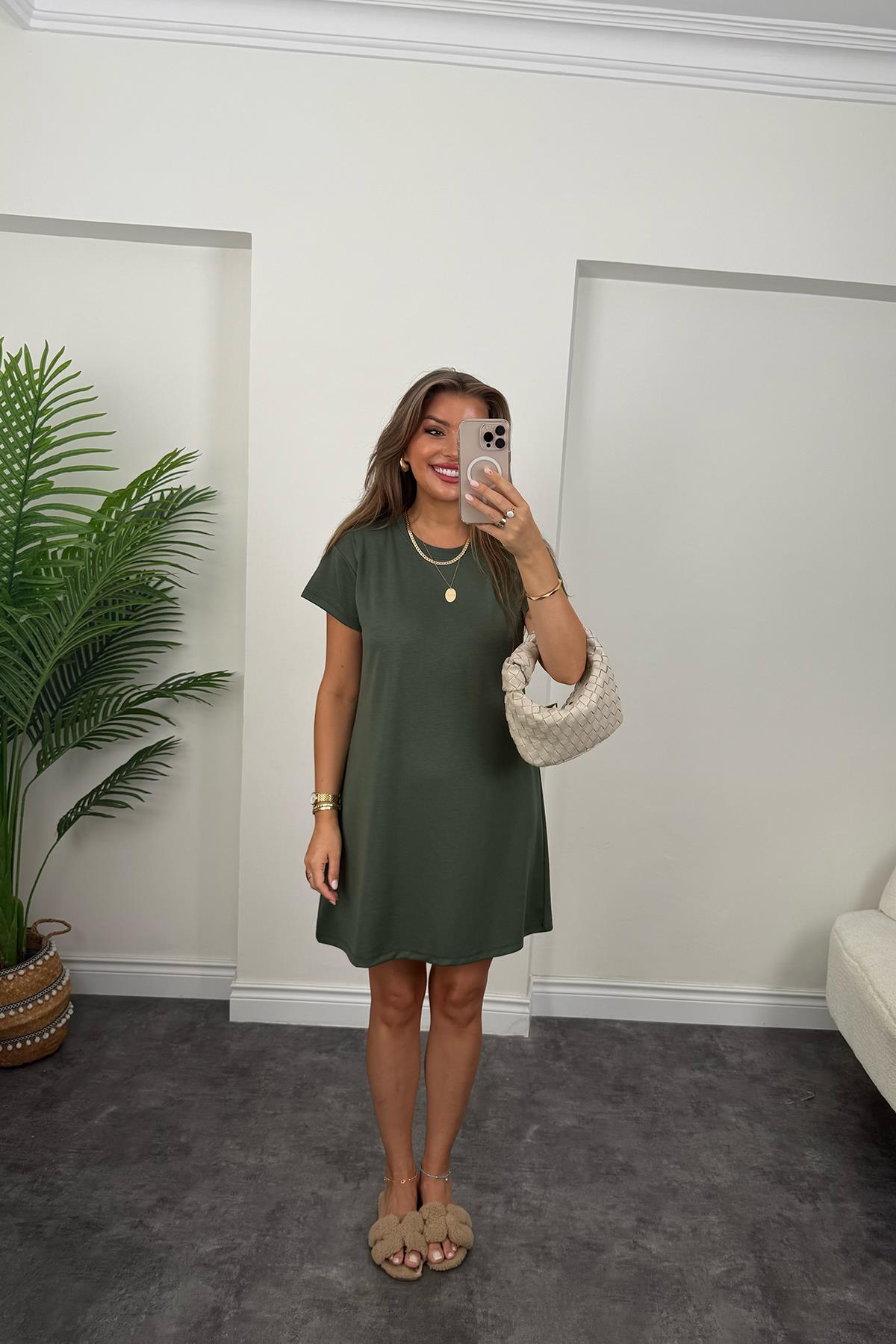 Lüx Kalite Oyhs Kumaş Kısa Kol Basic Elbise Haki