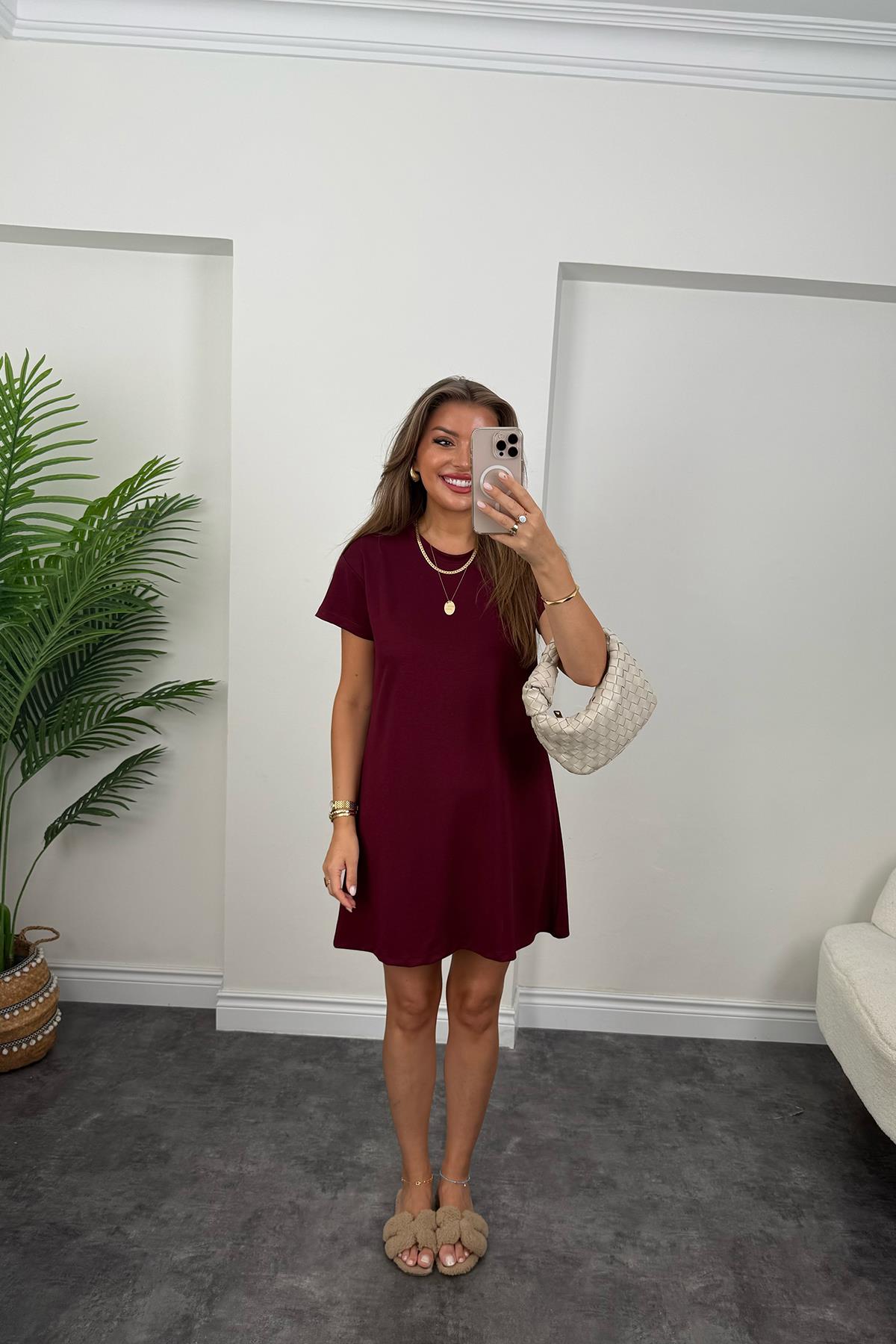 Lüx Kalite Oyhs Kumaş Kısa Kol Basic Elbise Bordo