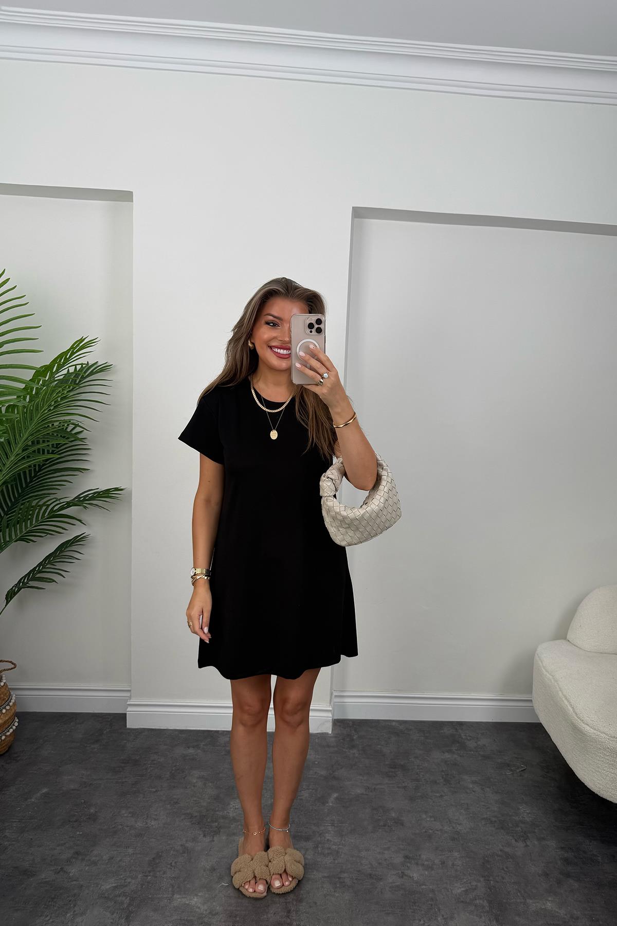 Lüx Kalite Oyhs Kumaş Kısa Kol Basic Elbise Siyah