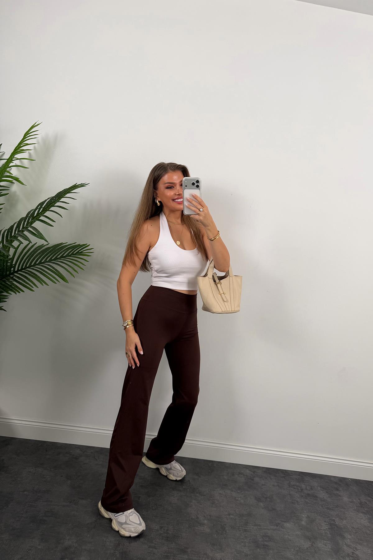 Lüx Kalite Oysh Model Likralı Flare Tayt Acı Kahve