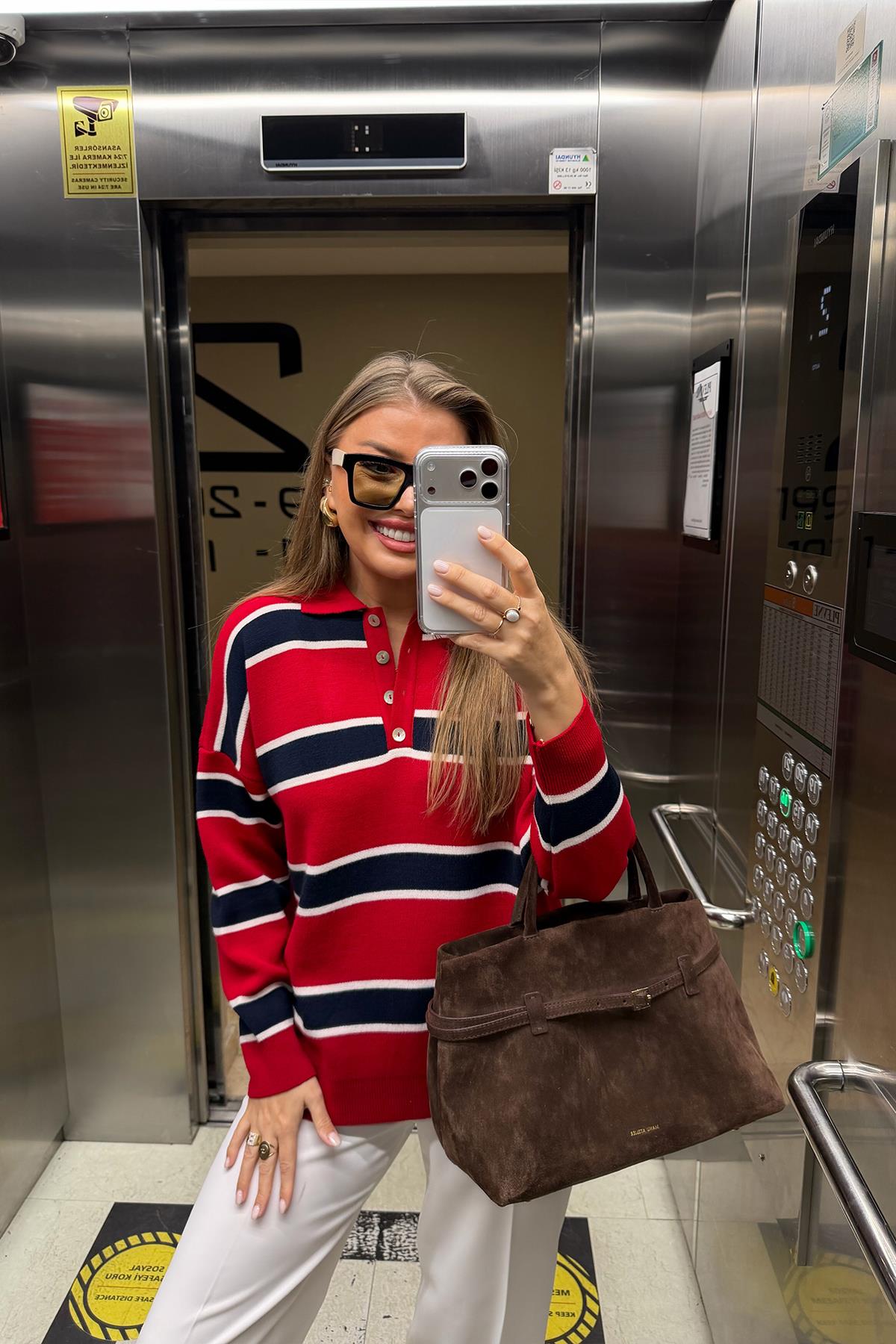 Lüx Kalite Özel Dokulu Polo Yaka Kırmızı Lacivert Çizgili Kazak