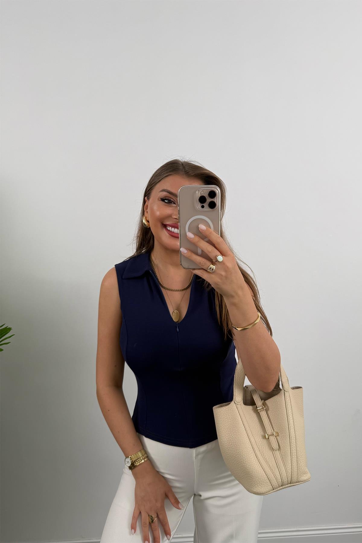 Lüx Kalite Sıfır Kol Polo Yaka Tam Pamuklu Basic Lacivert