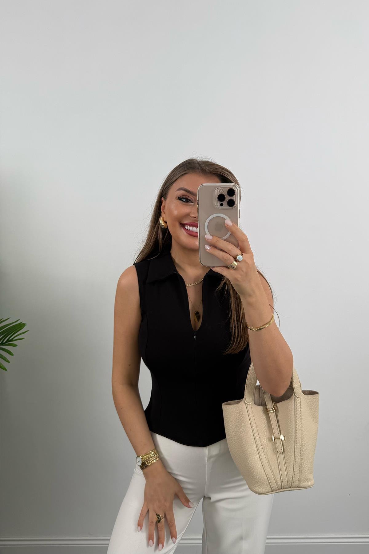 Lüx Kalite Sıfır Kol Polo Yaka Tam Pamuklu Basic Siyah