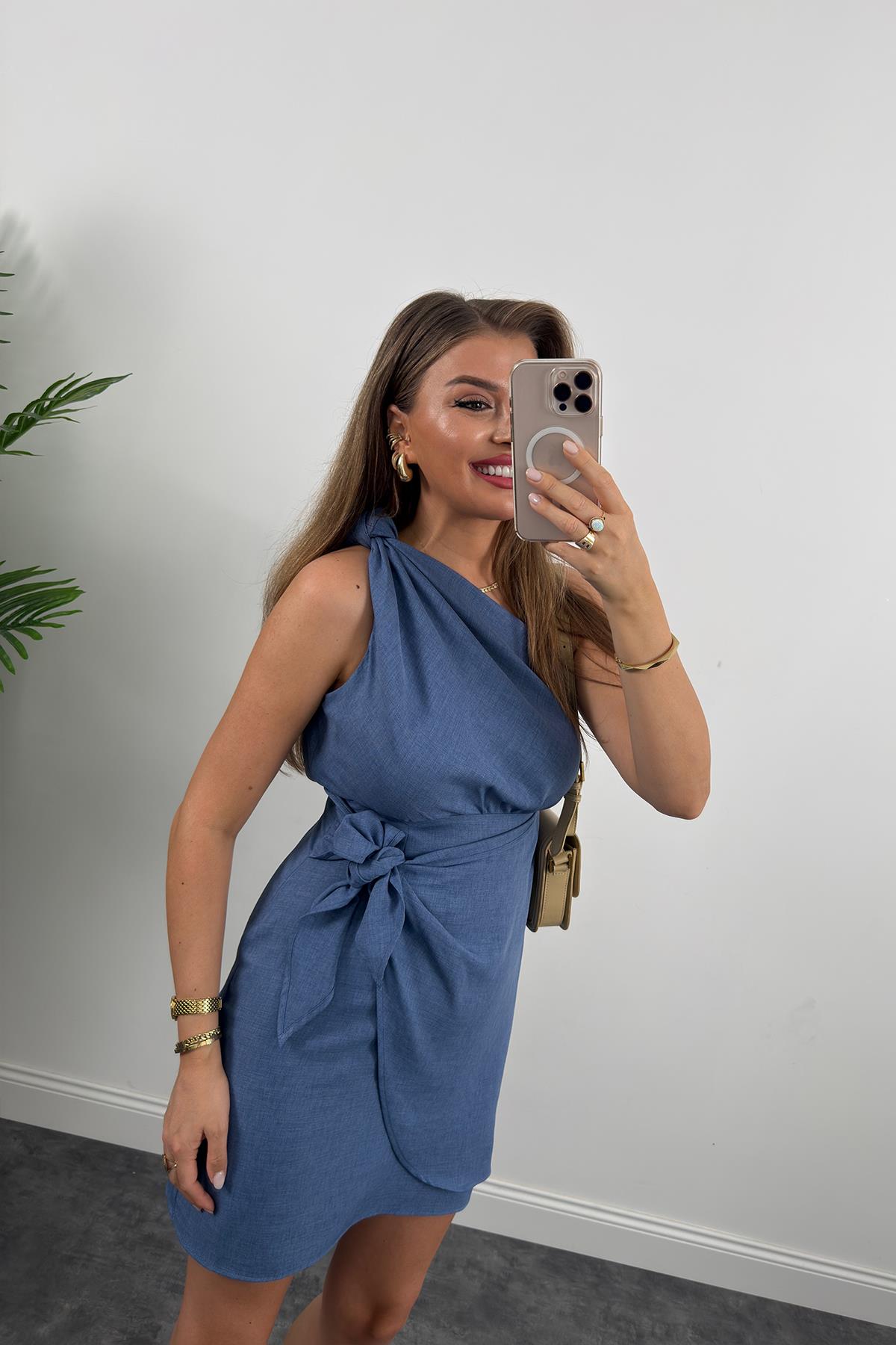 Lüx Kalite Tek Omuz Helen Model Anvelop Keten Elbise İndigo 