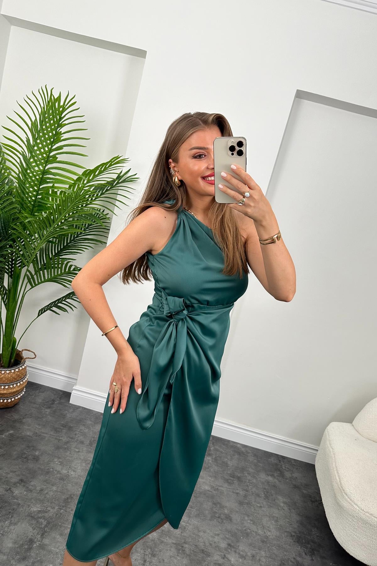 Lüx Kalite Tek Omuz Midi Boy Anvelop Elbise Zümrüt