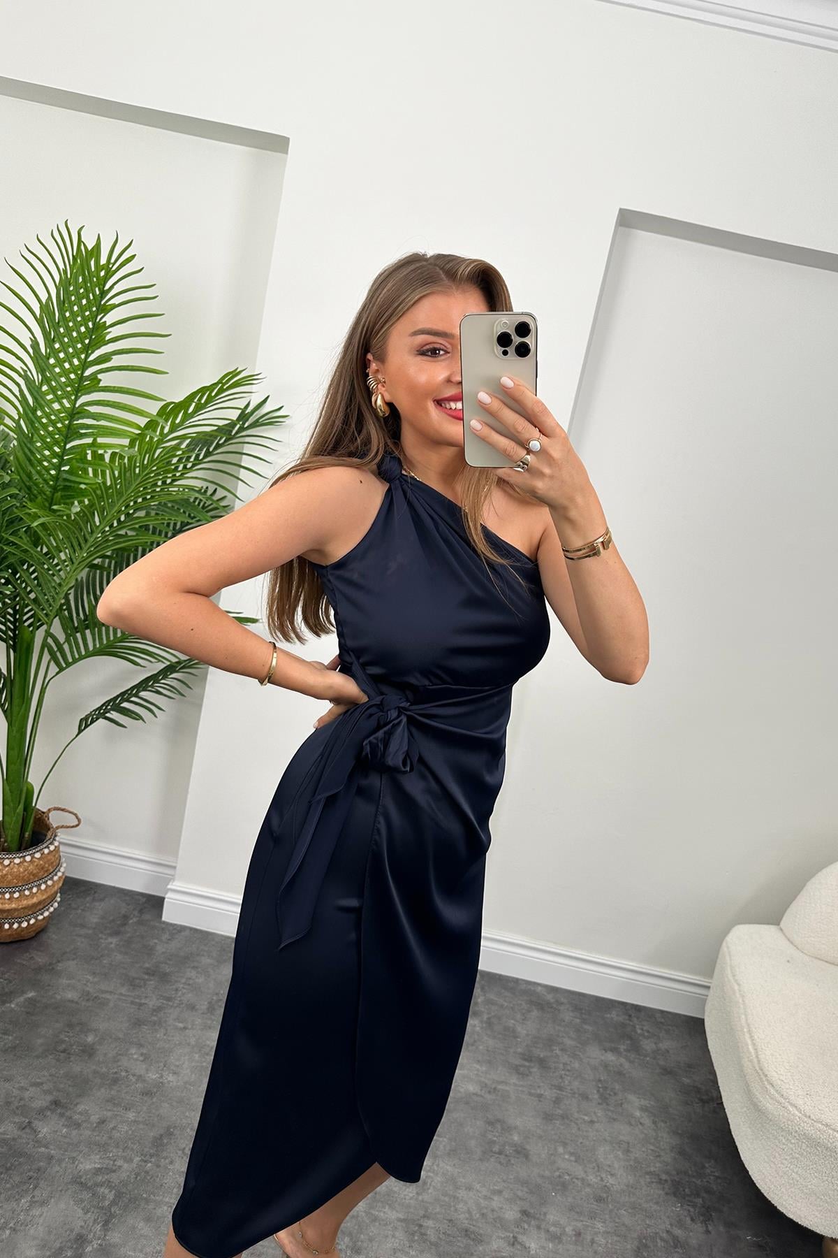 Lüx Kalite Tek Omuz Midi Boy Anvelop Elbise Lacivert