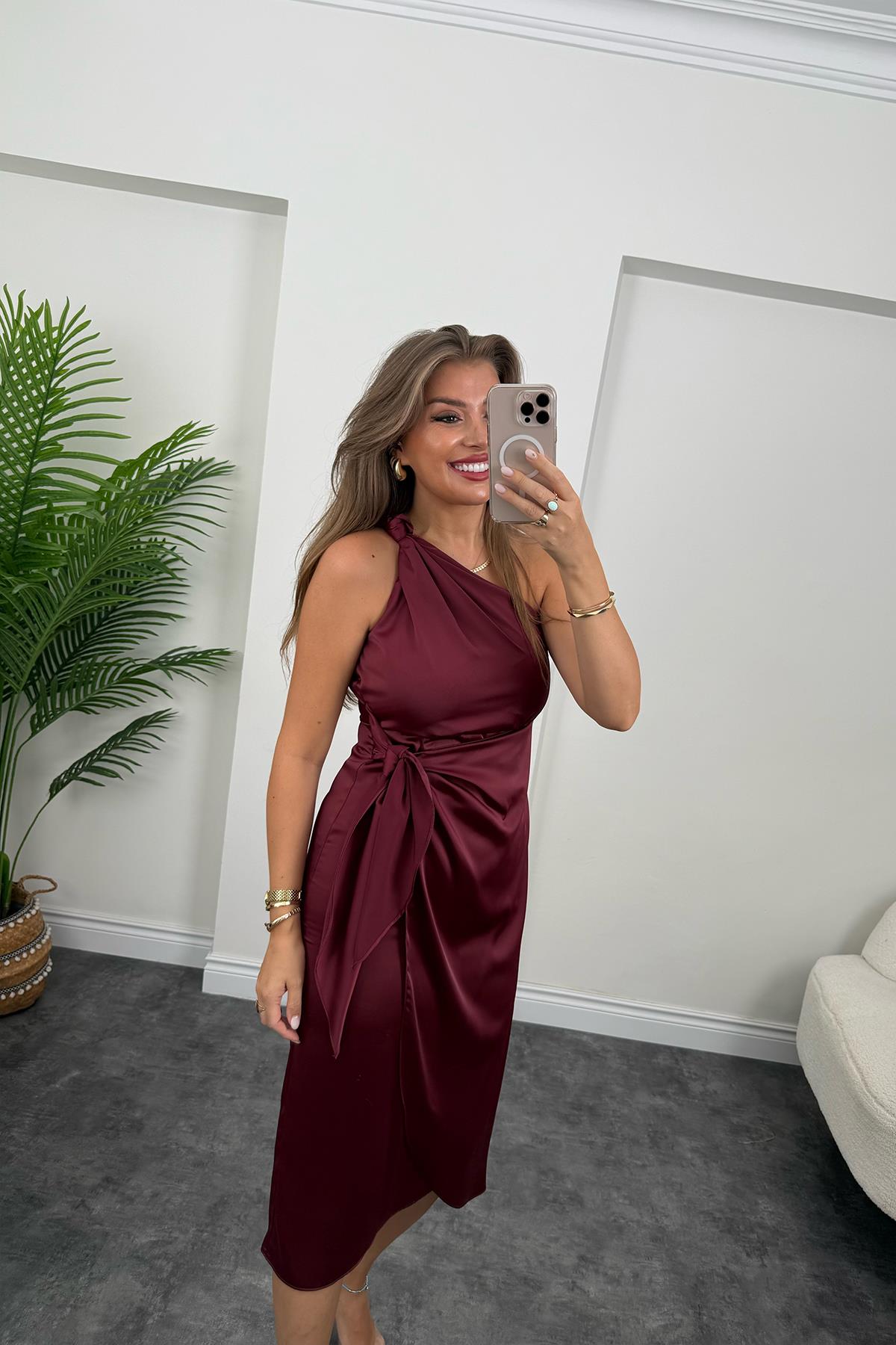 Lüx Kalite Tek Omuz Midi Boy Anvelop Elbise Bordo