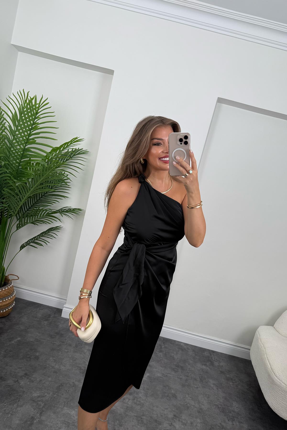 Lüx Kalite Tek Omuz Midi Boy Anvelop Elbise Siyah 