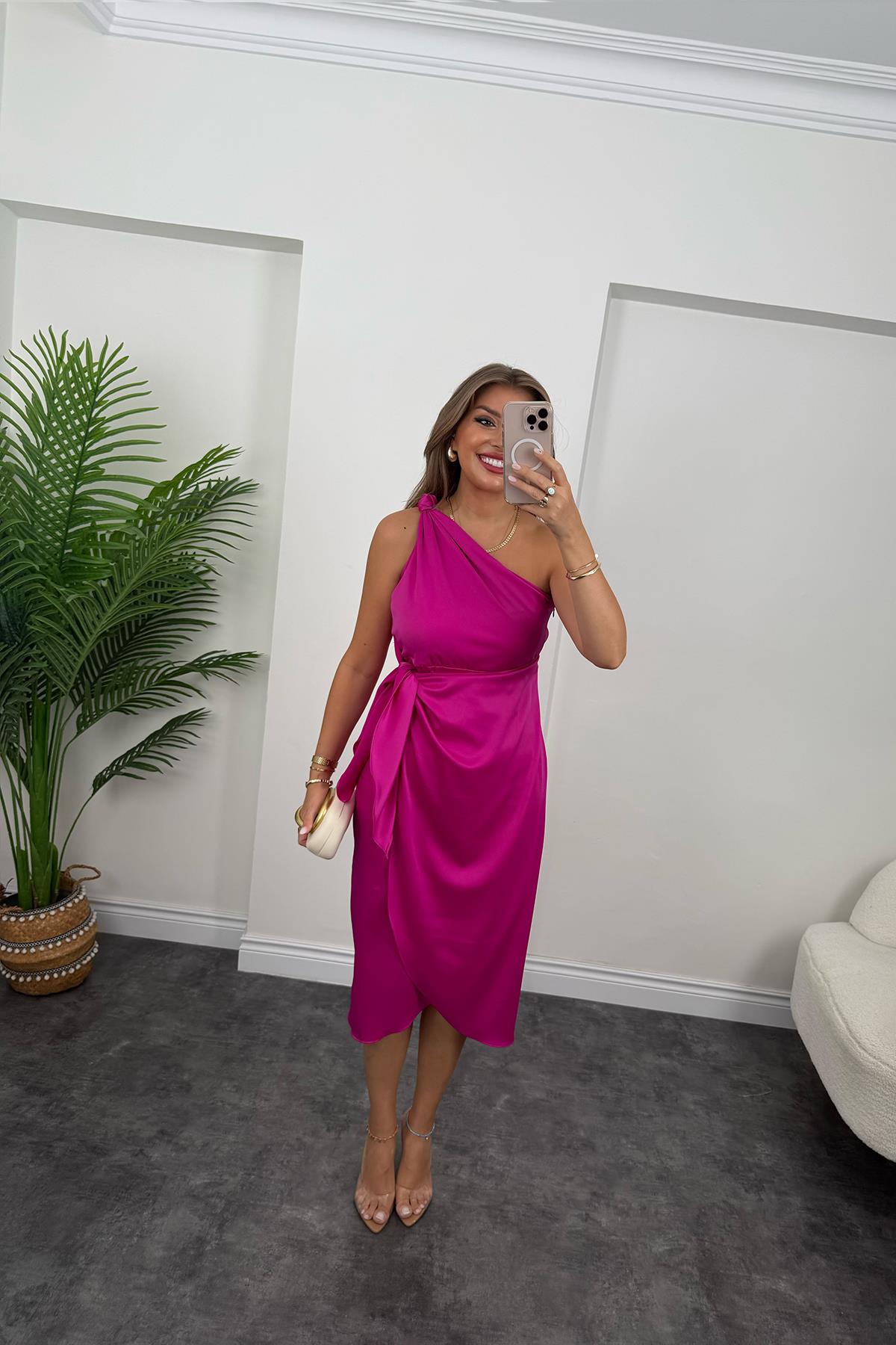 Lüx Kalite Tek Omuz Midi Boy Anvelop Elbise Fuşya 