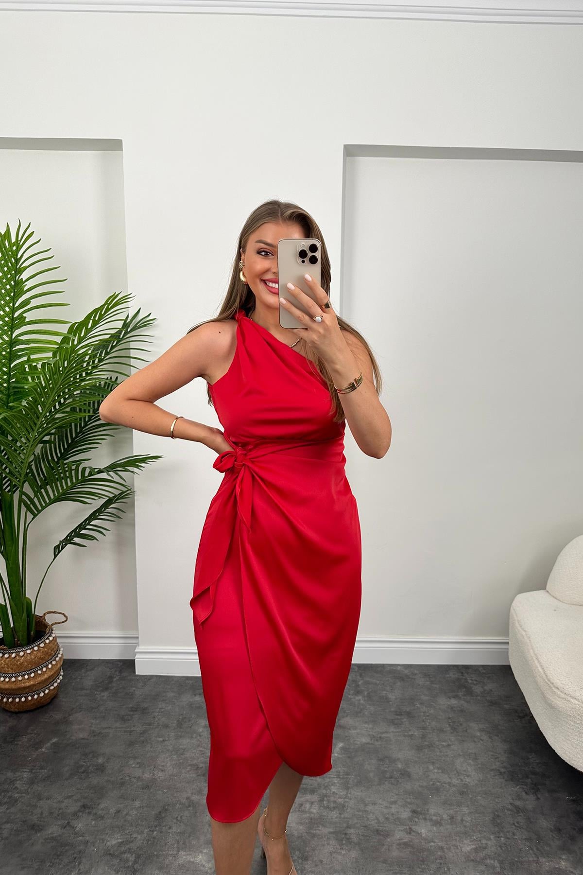 Lüx Kalite Tek Omuz Midi Boy Anvelop Elbise Kırmızı