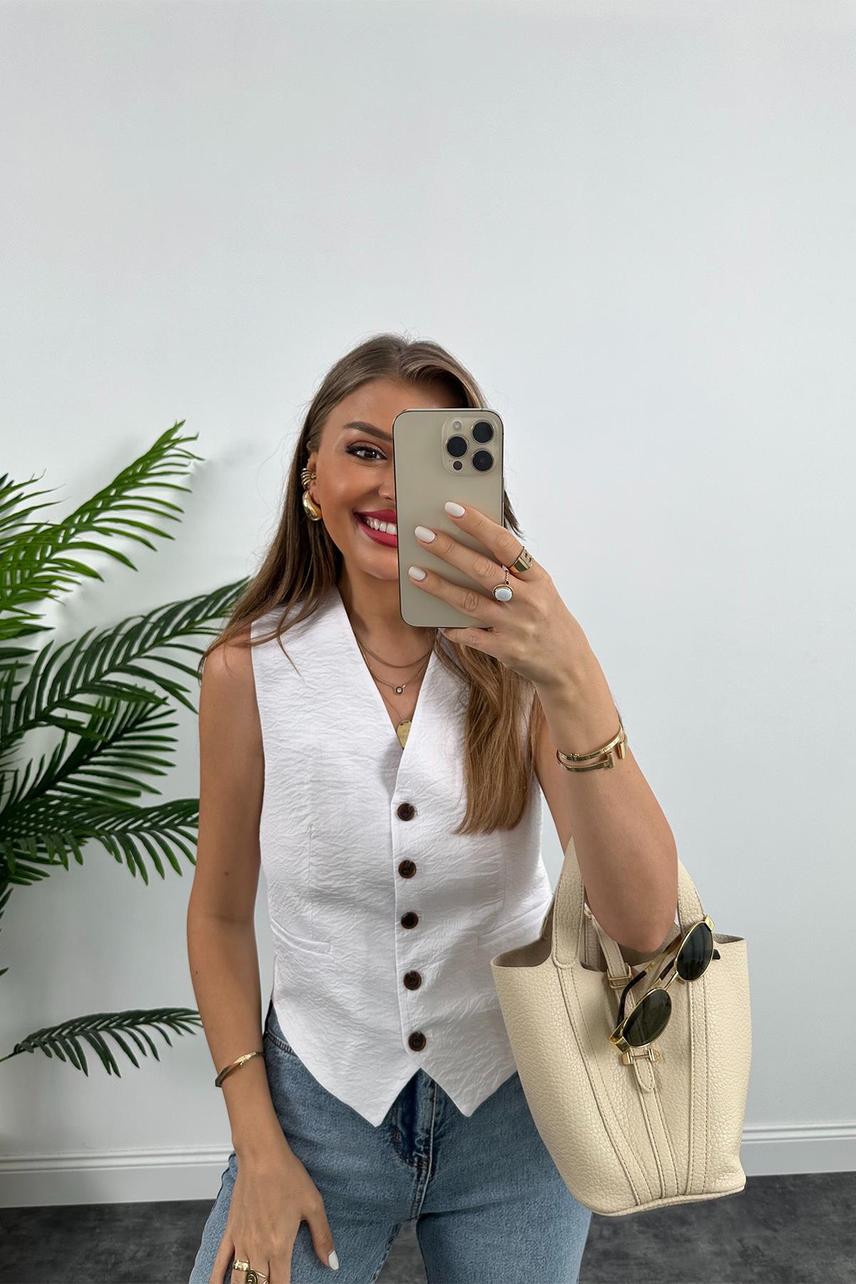 Lüx Kalite Tensel Keten Astarlı Basic Yelek Beyaz