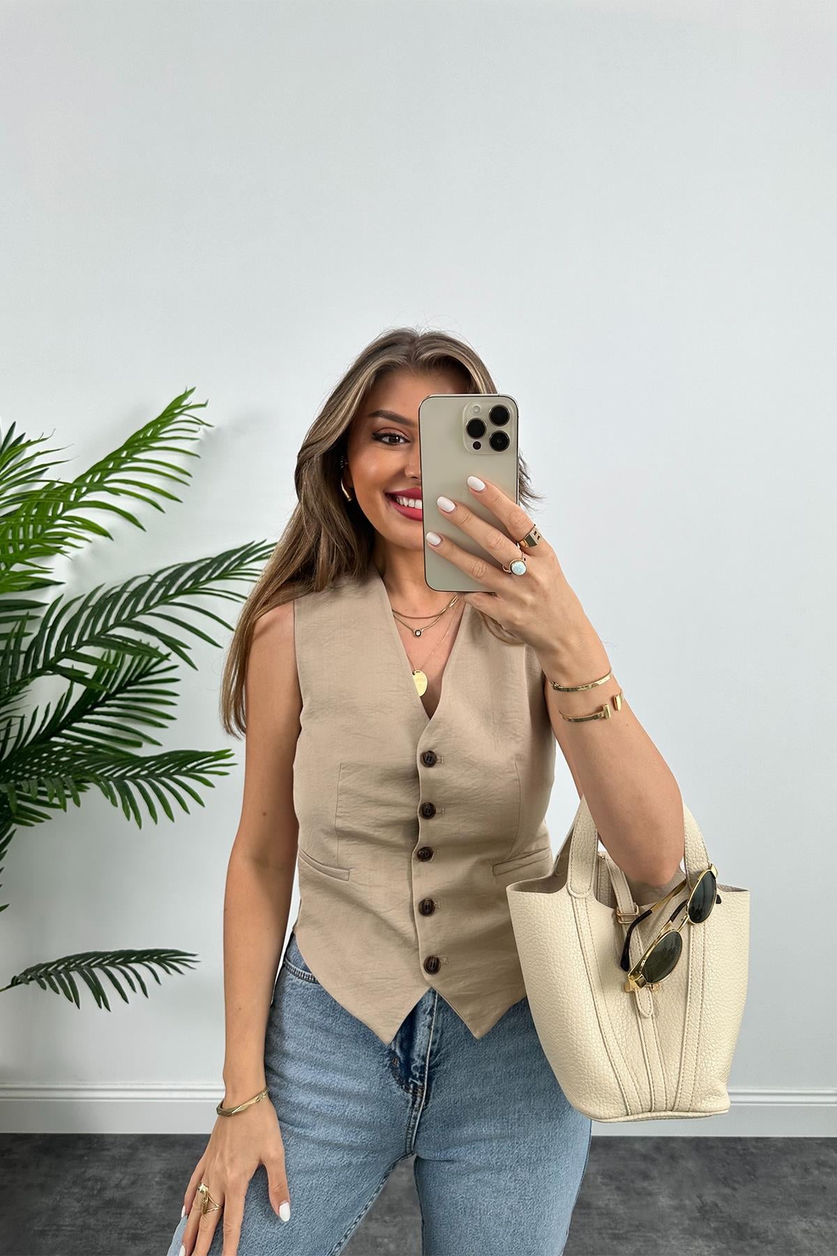 Lüx Kalite Tensel Keten Astarlı Basic Yelek Taş