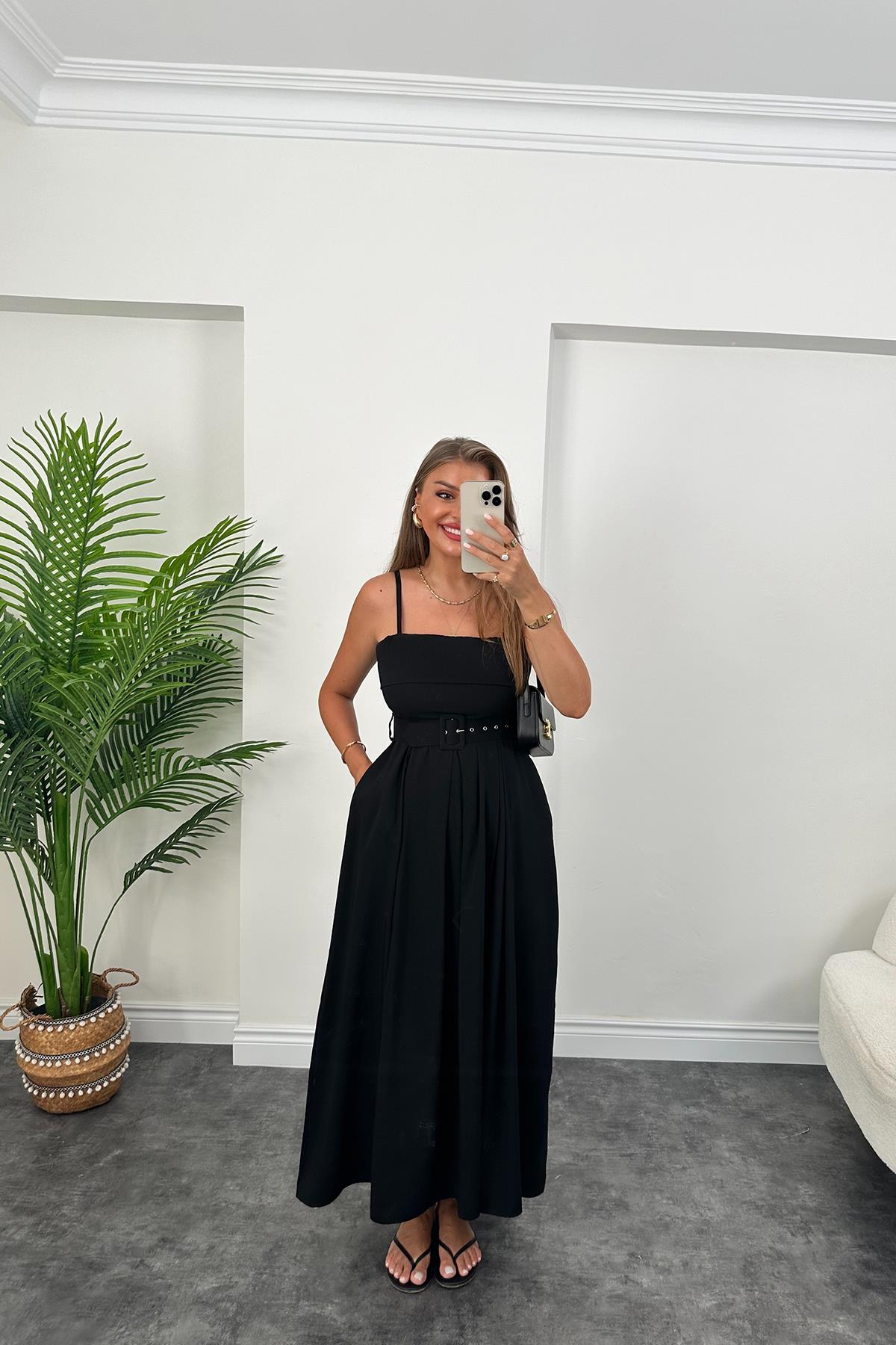 Lüx Kalite Tensel Modal Kumaş Kemerli Maxi Kloş Elbise Siyah