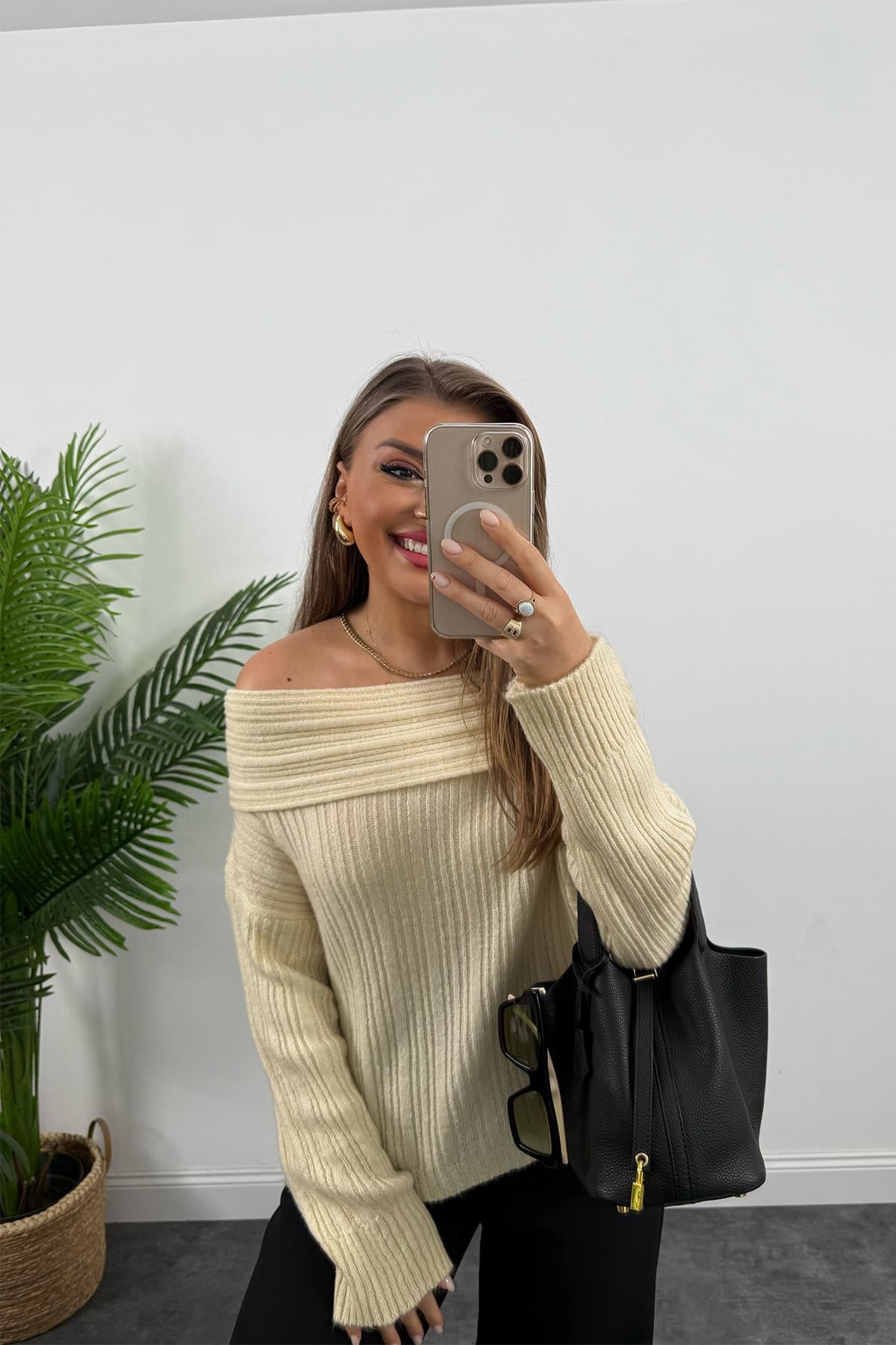 Madonna Yaka Basic Yumoş Kazak Naturel Krem