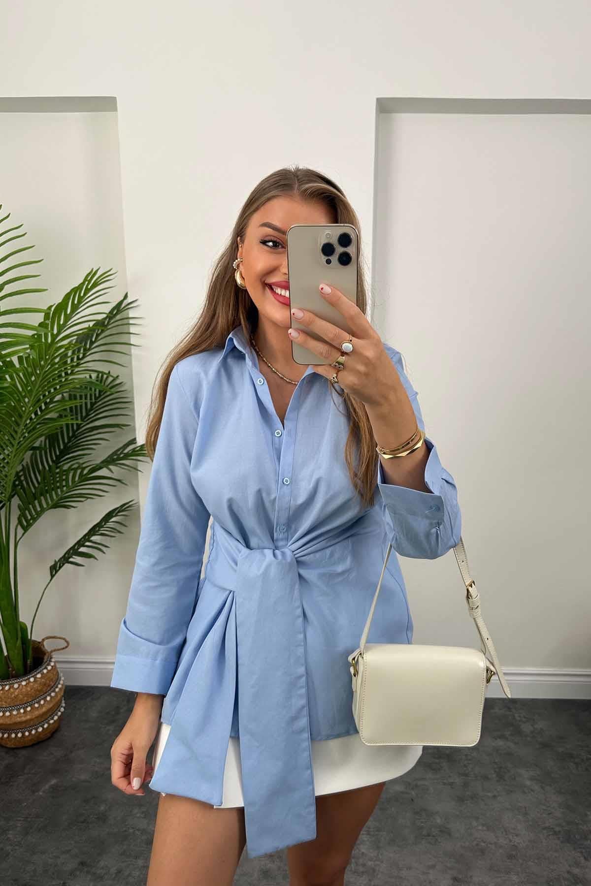 Mng Model Bağlamalı Tasarım Gömlek Mavi