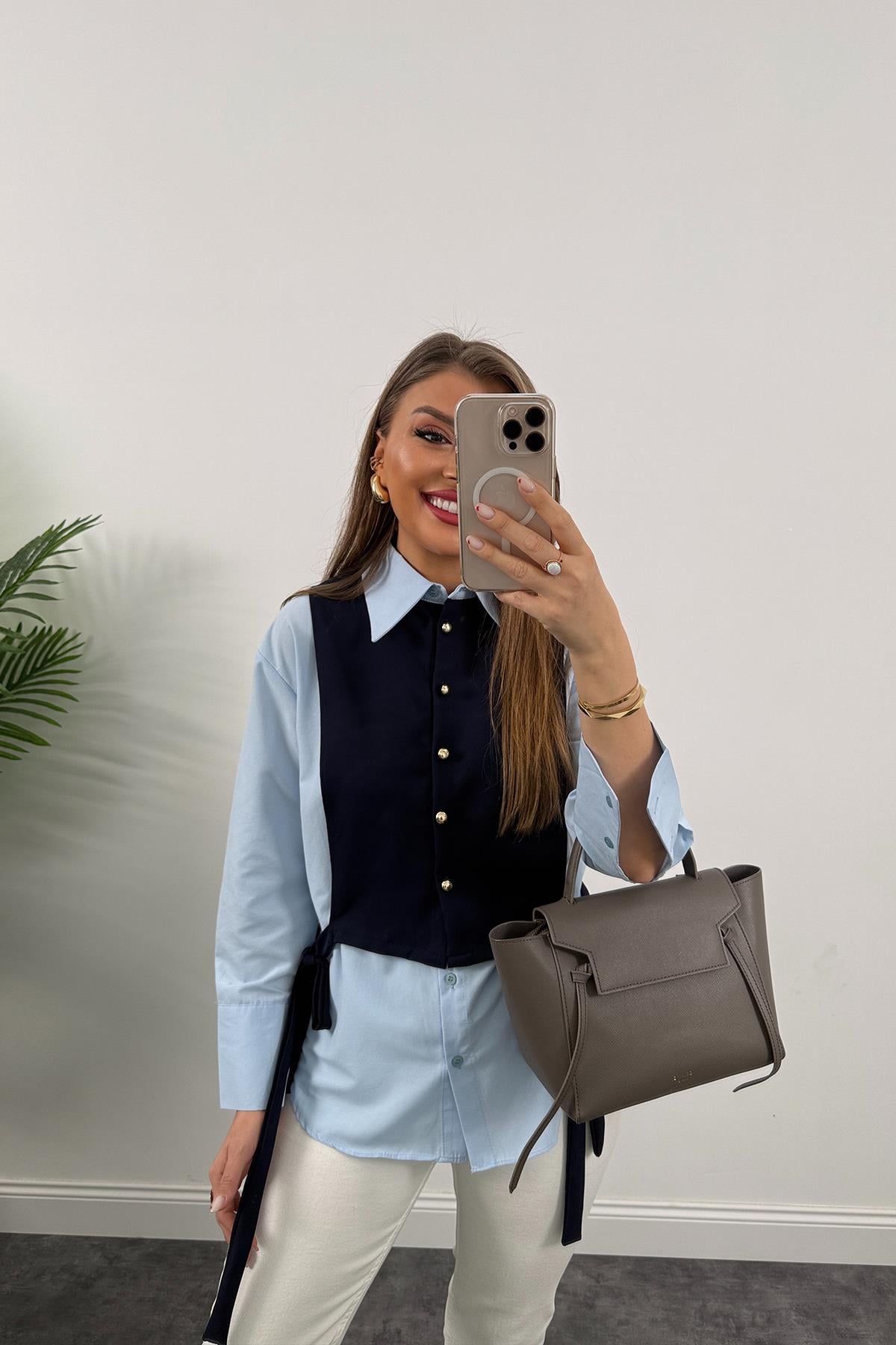 Marka Model Birleşik Tasarım Gömlek Yelek 2'li Takım Lacivert Mavi