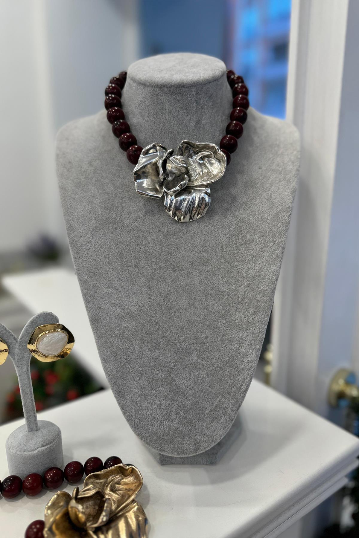 Marka Model Bordo Boncuk Çiçek Kolye Gümüş