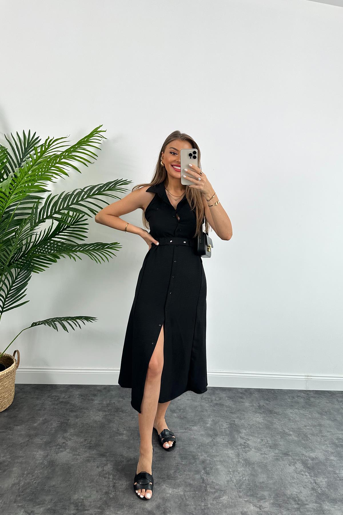 Marka Model Halter Yaka Tasarım Keten Aerobin Elbise Siyah